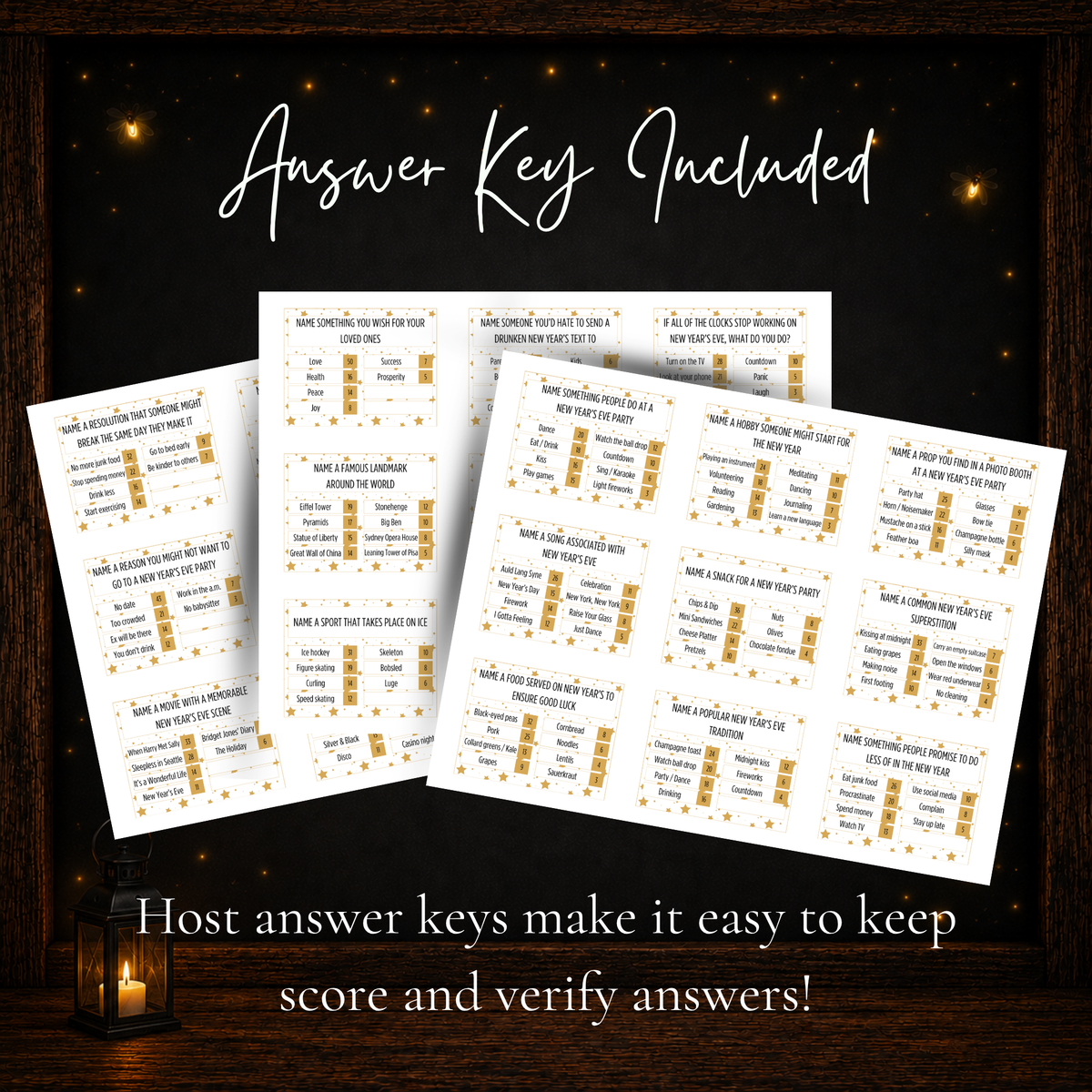 New Year’s Friendly Feud printable game answer keys for hosts to verify survey answers and scores
