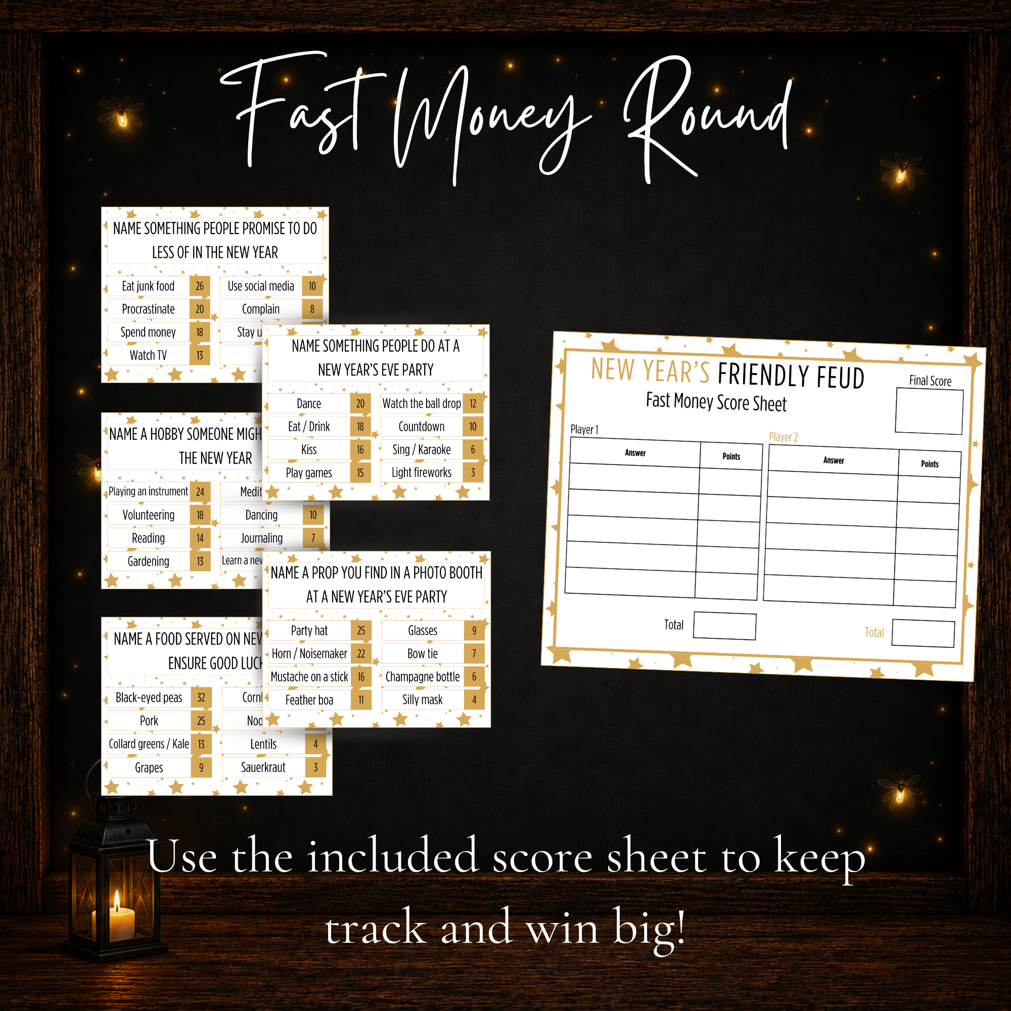 New Year’s Friendly Feud Fast Money round with printable survey cards and Fast Money score sheet