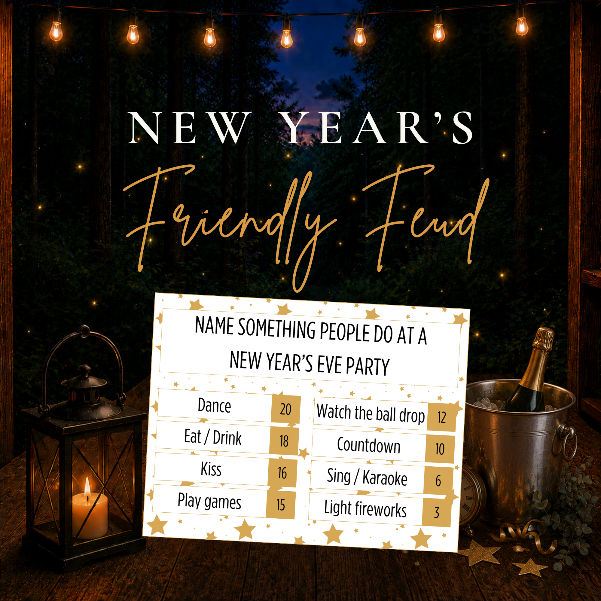 New Year’s Friendly Feud printable party game with survey answers for a New Year’s Eve celebration