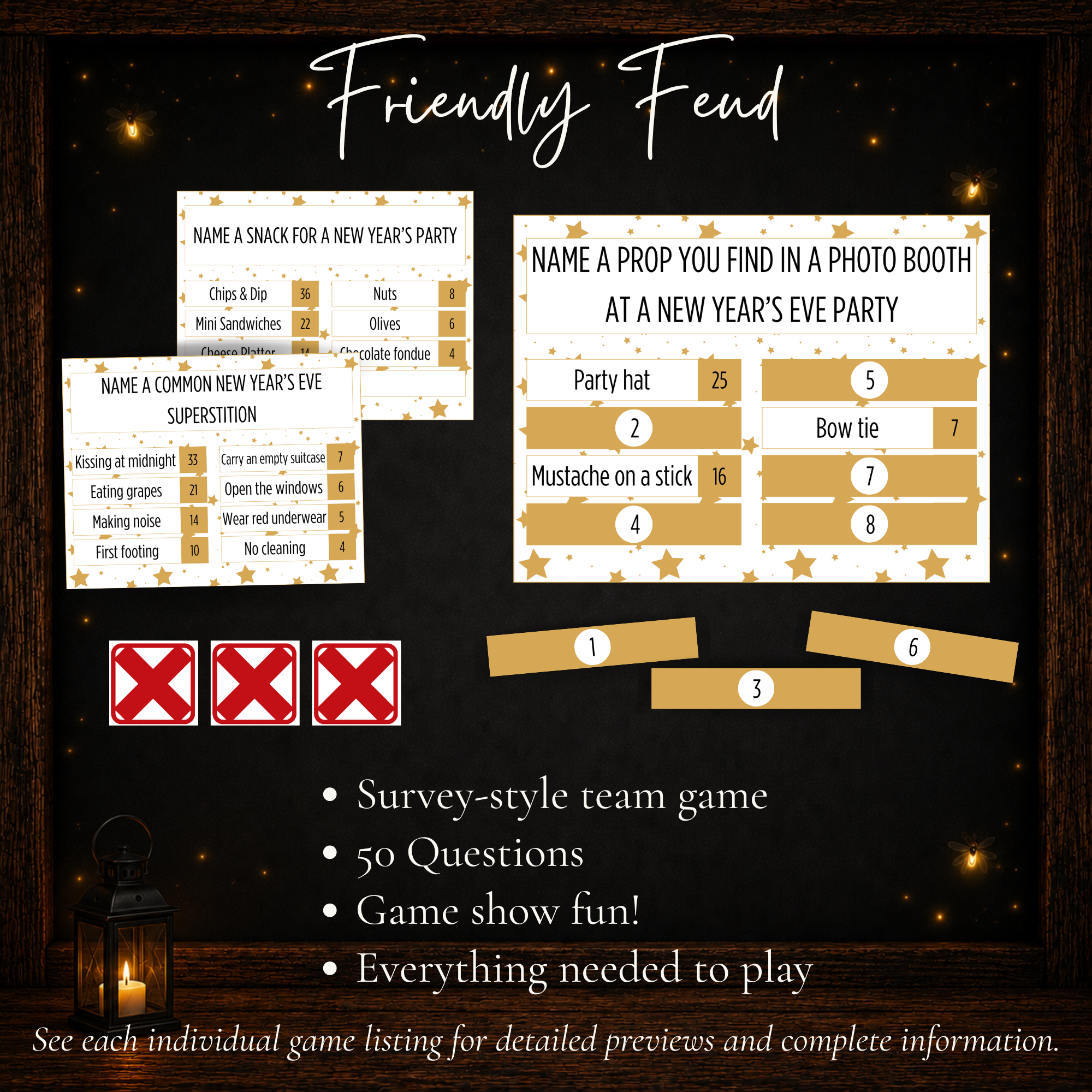 New Year’s Friendly Feud printable survey-style team game with 50 questions for New Year’s Eve parties and family game nights