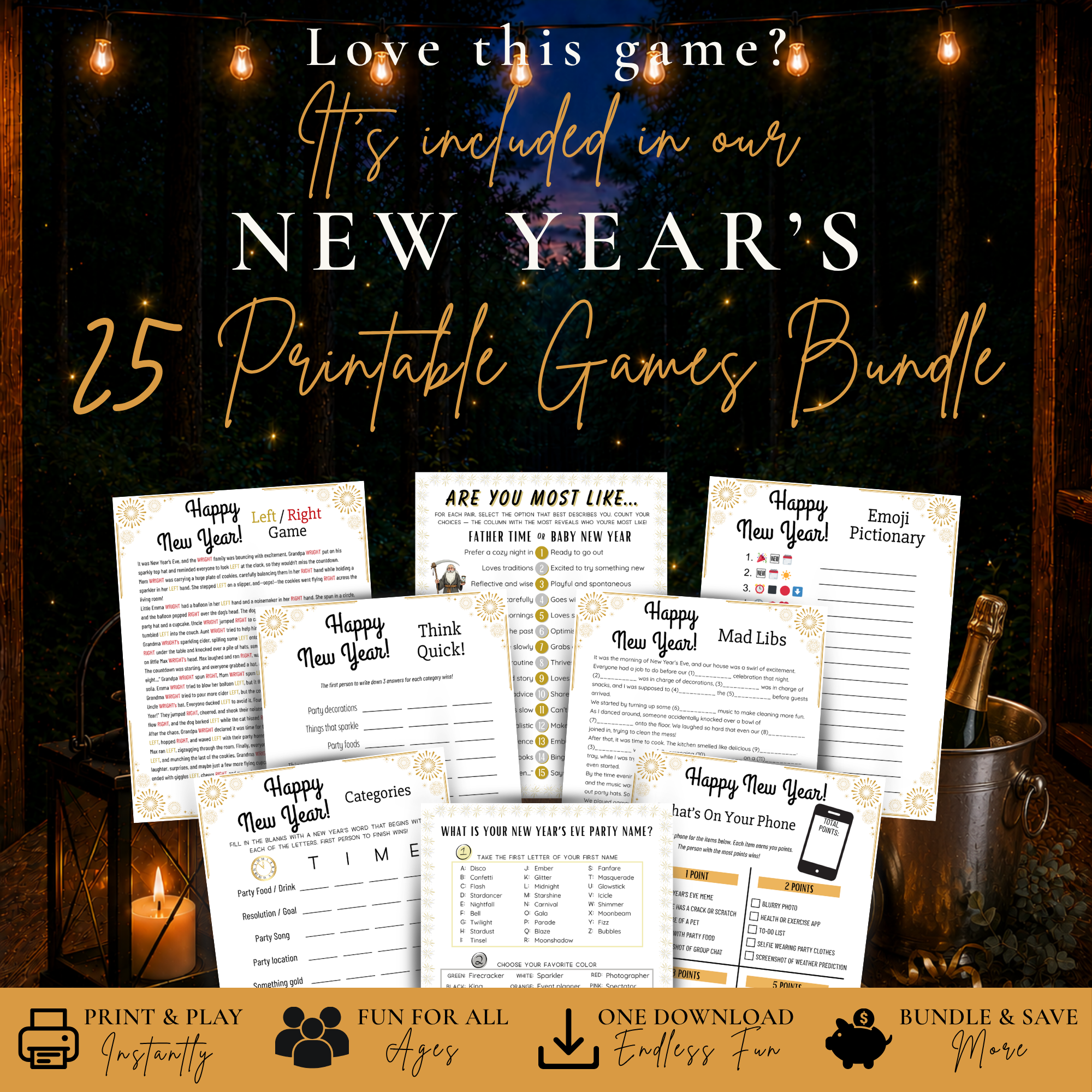 New Year’s What’s On Your Phone game included in 25 printable New Year’s party games bundle for family celebrations