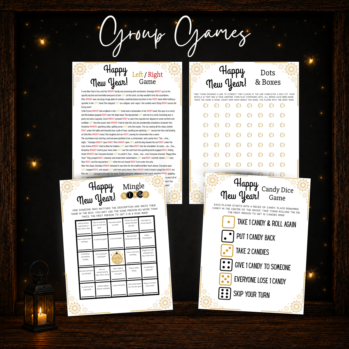 New Year’s printable group games including Left Right Game Dots and Boxes Mingle Bingo and Candy Dice Game