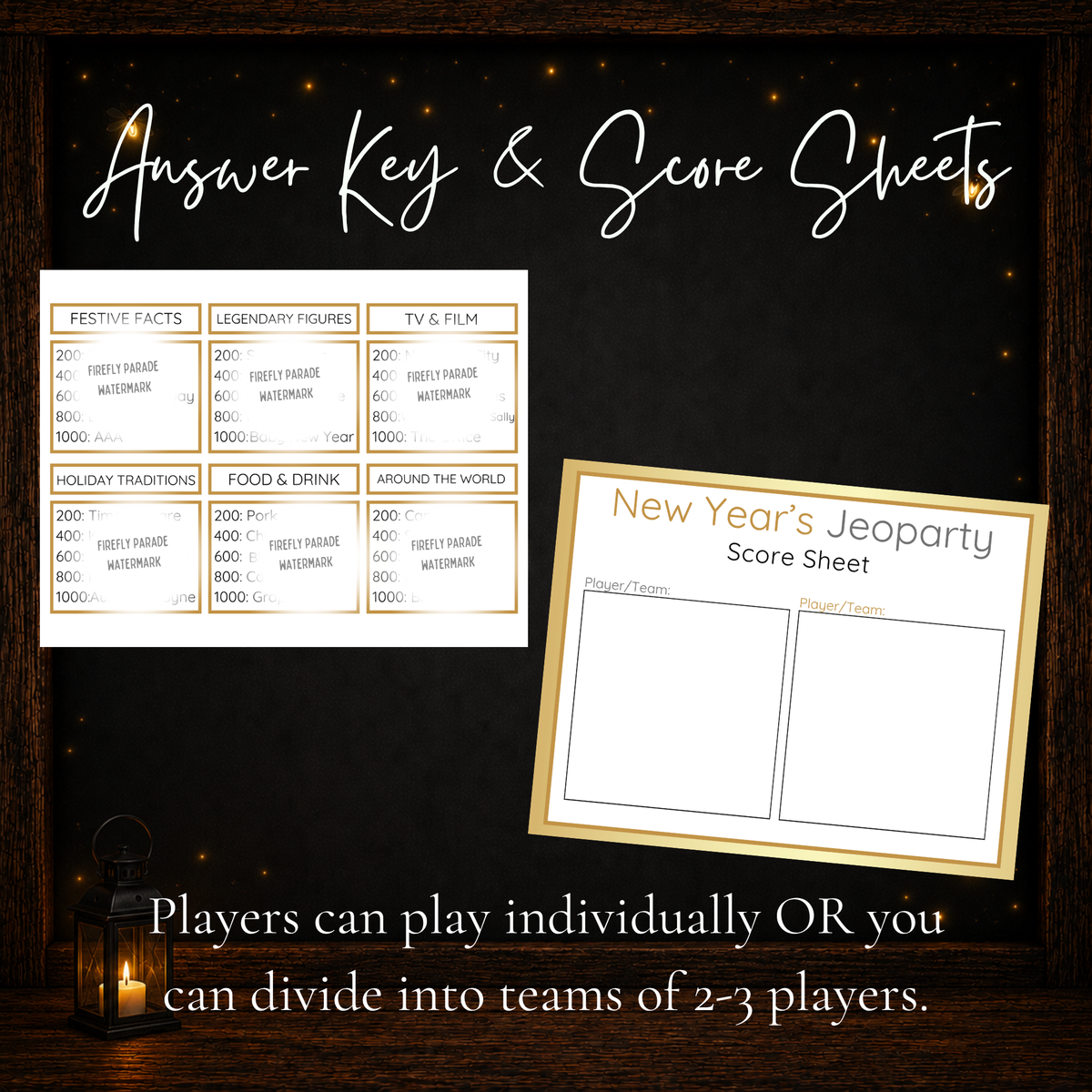 New Year’s Jeoparty printable host answer key and score sheet for individual or team play