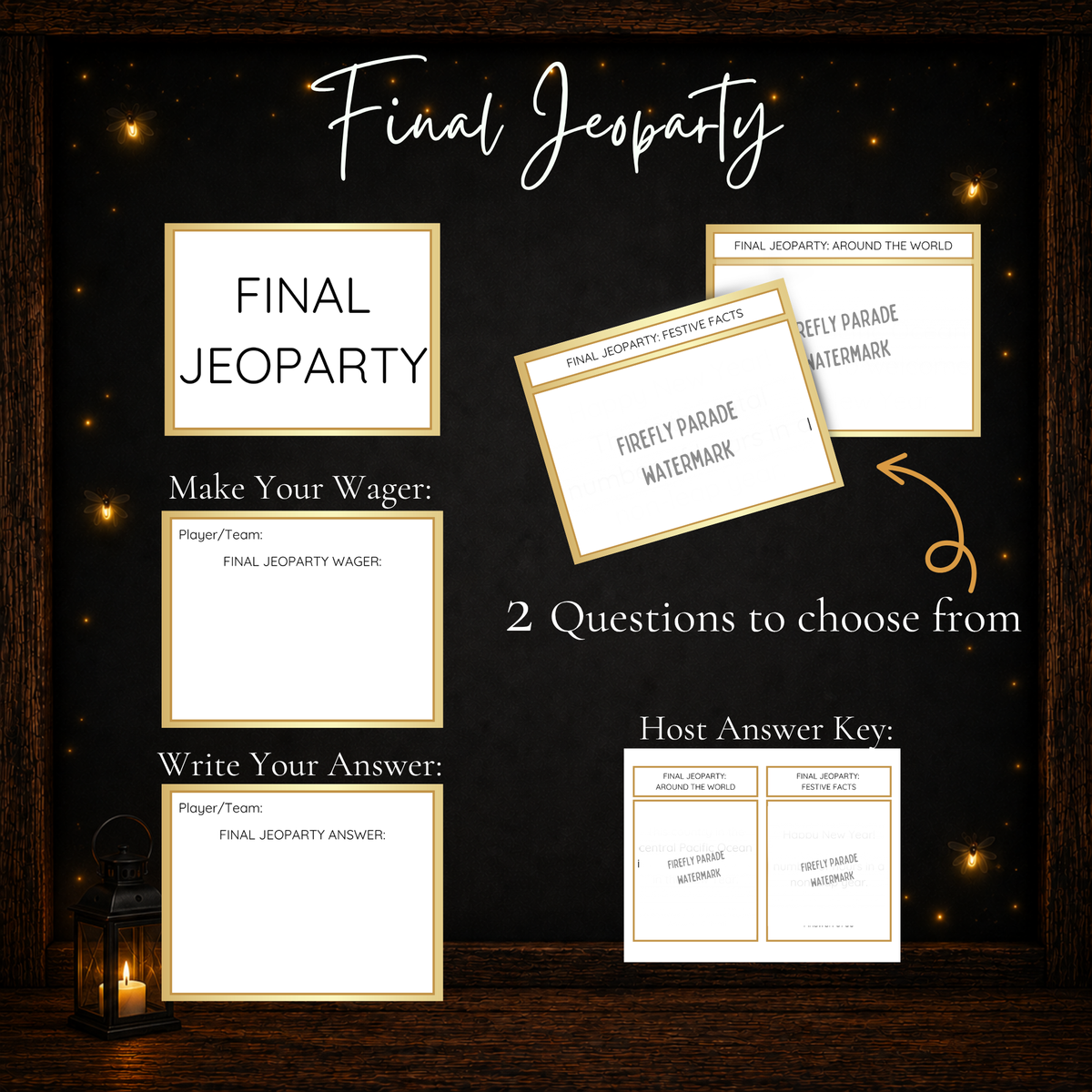 New Year’s Jeoparty Final Jeoparty round with two final questions, wager card, answer card and host answer key
