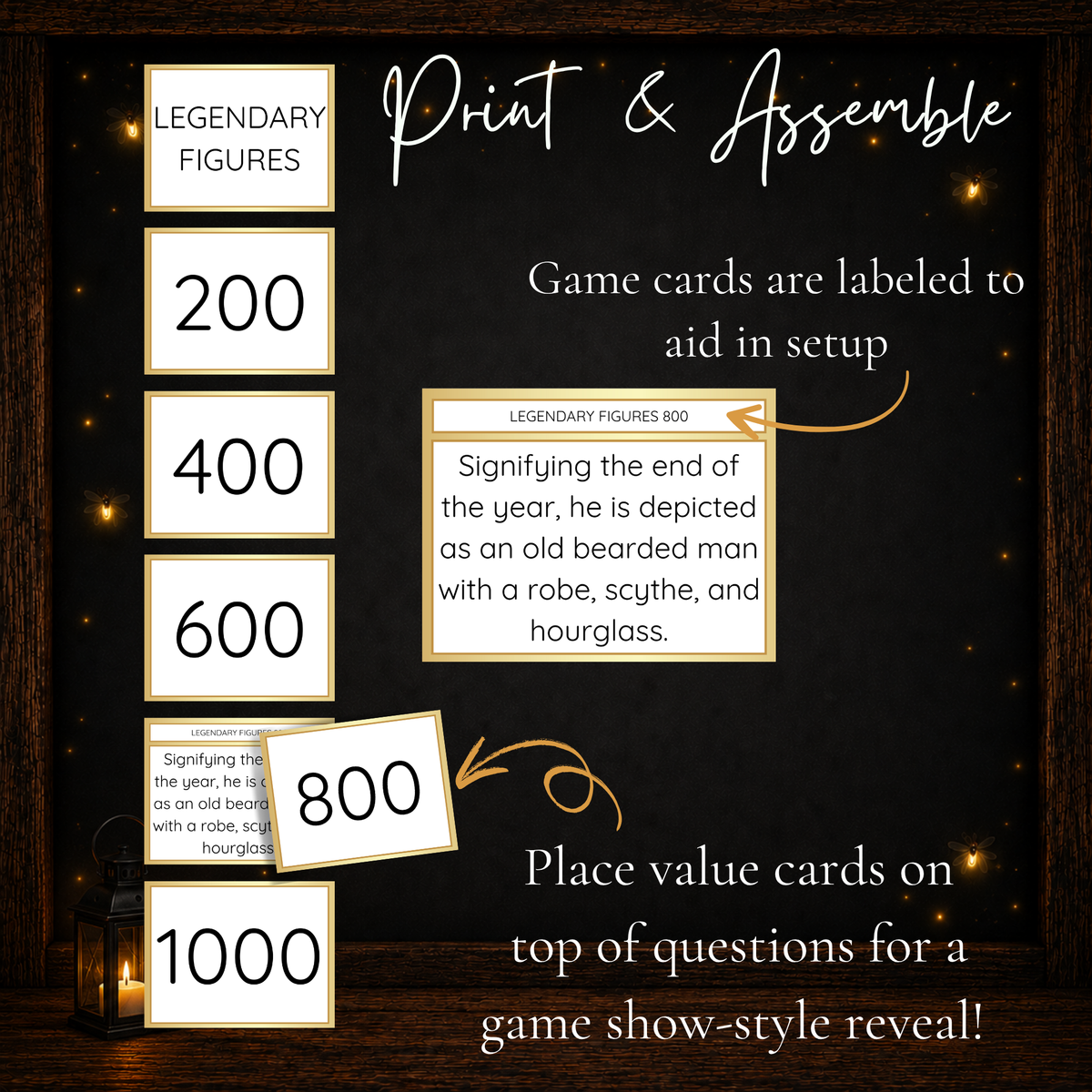 New Year’s Jeoparty printable game cards showing category and point value covers placed over trivia questions