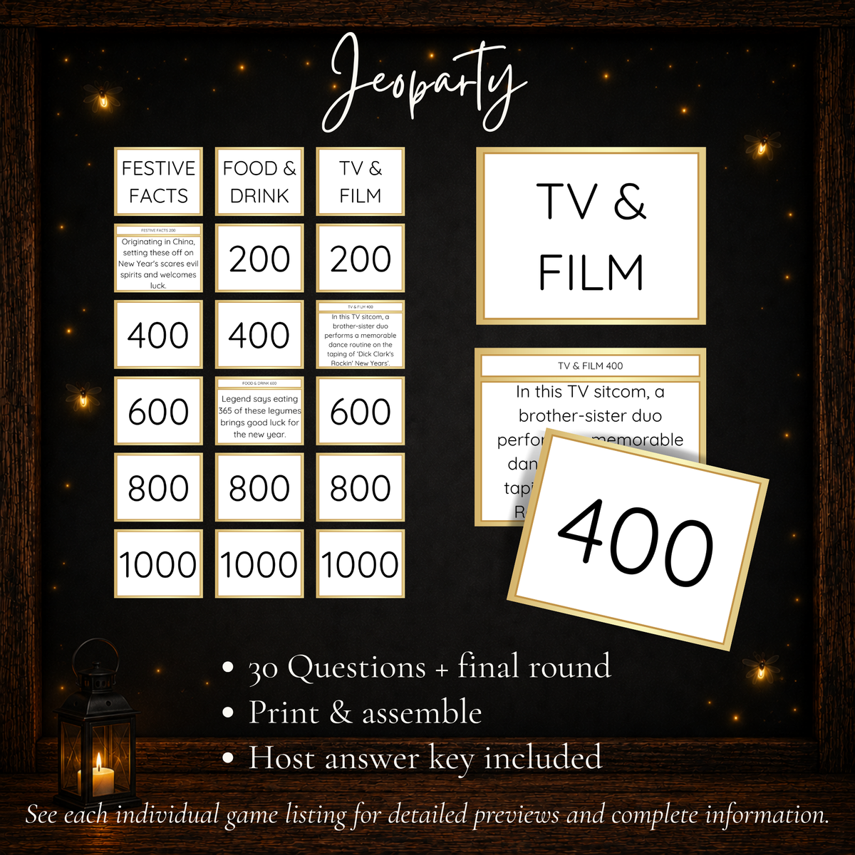 New Year’s Jeoparty printable trivia game with 30 questions, final round and host answer key for New Year’s Eve parties