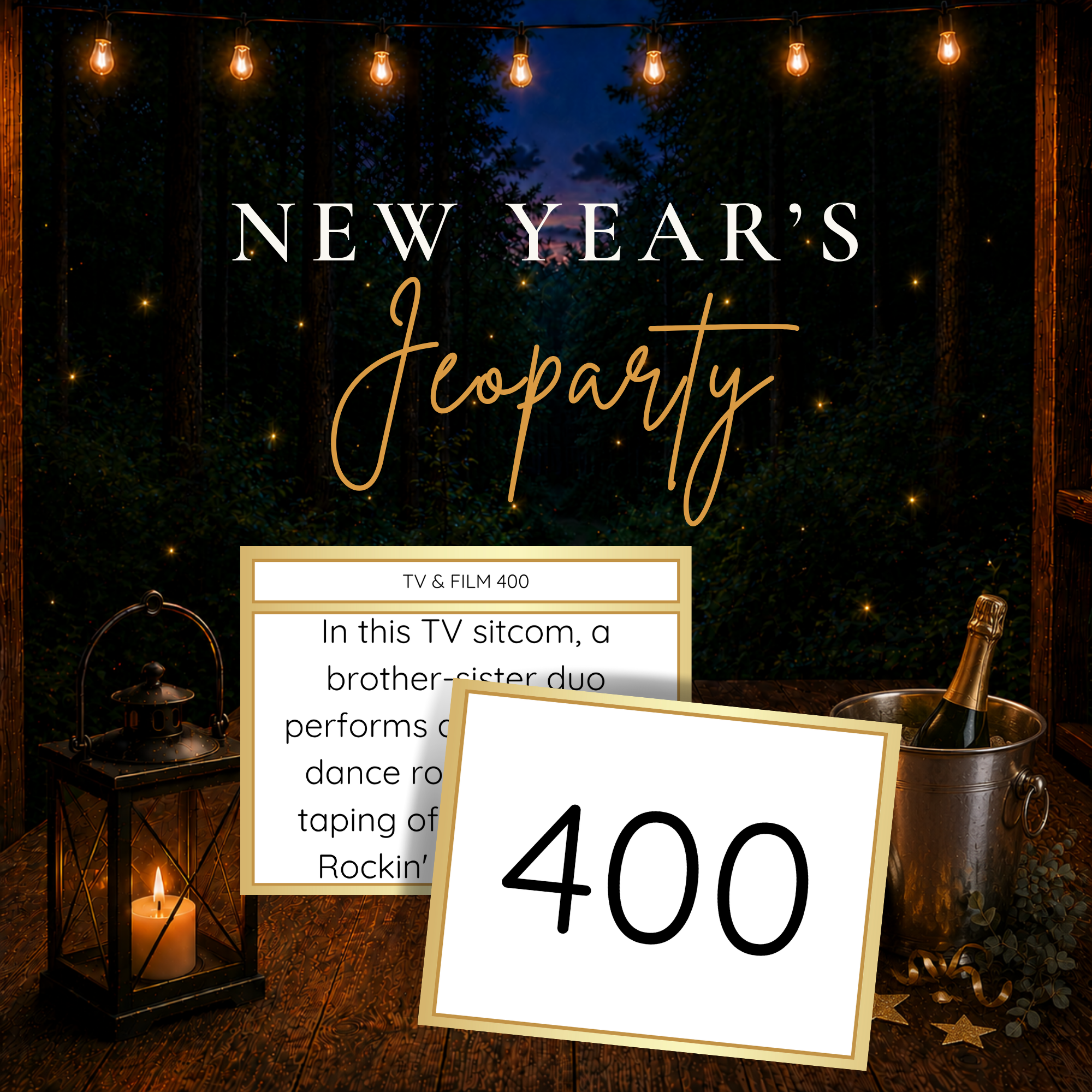 New Year’s Jeoparty printable trivia party game with question card and 400 point value card