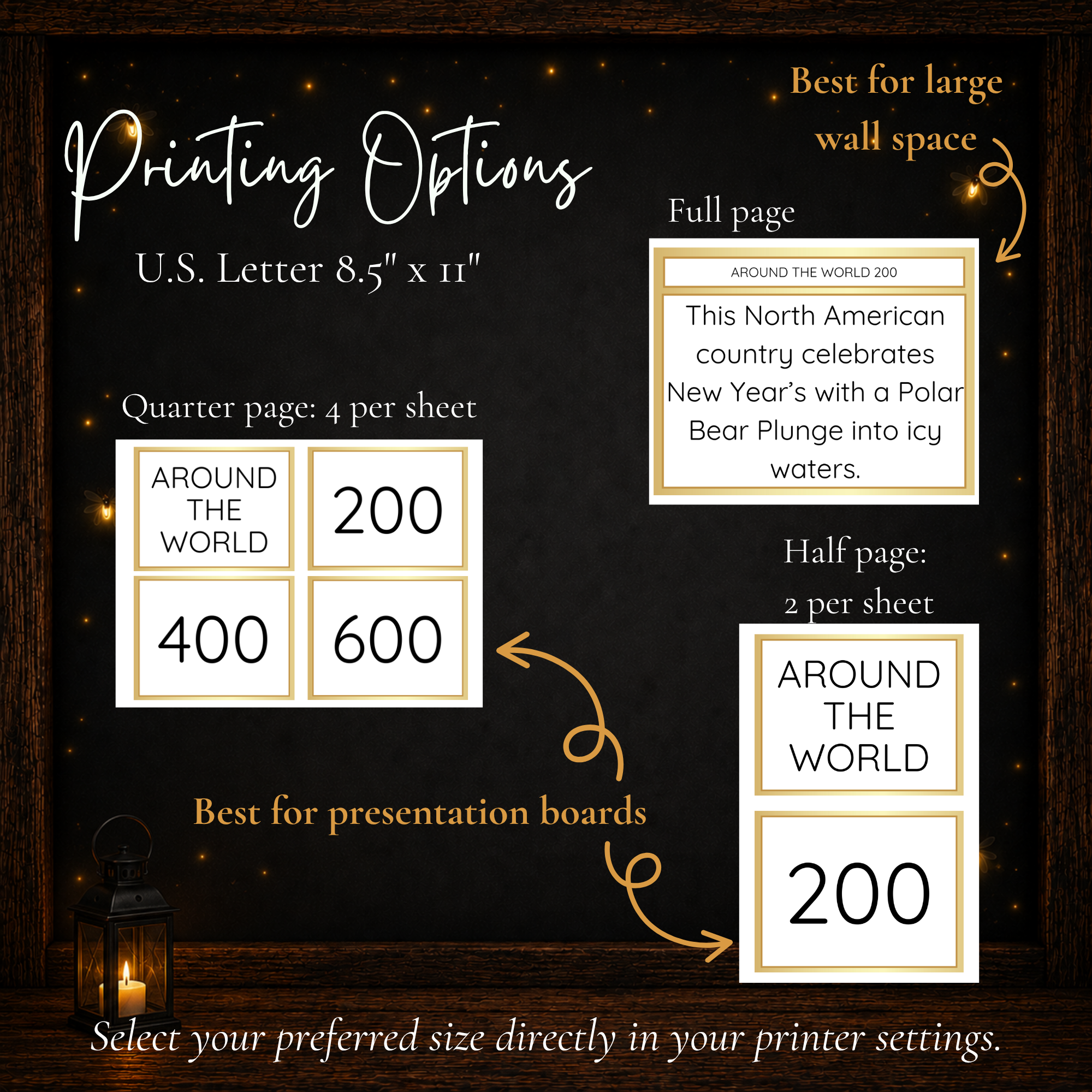 New Year’s Jeoparty printable game showing full page, half page and quarter page printing options on US Letter paper