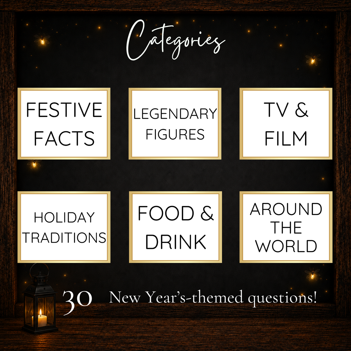 New Year’s trivia game categories including Festive Facts, Legendary Figures, TV and Film, Holiday Traditions, Food and Drink, and Around the World