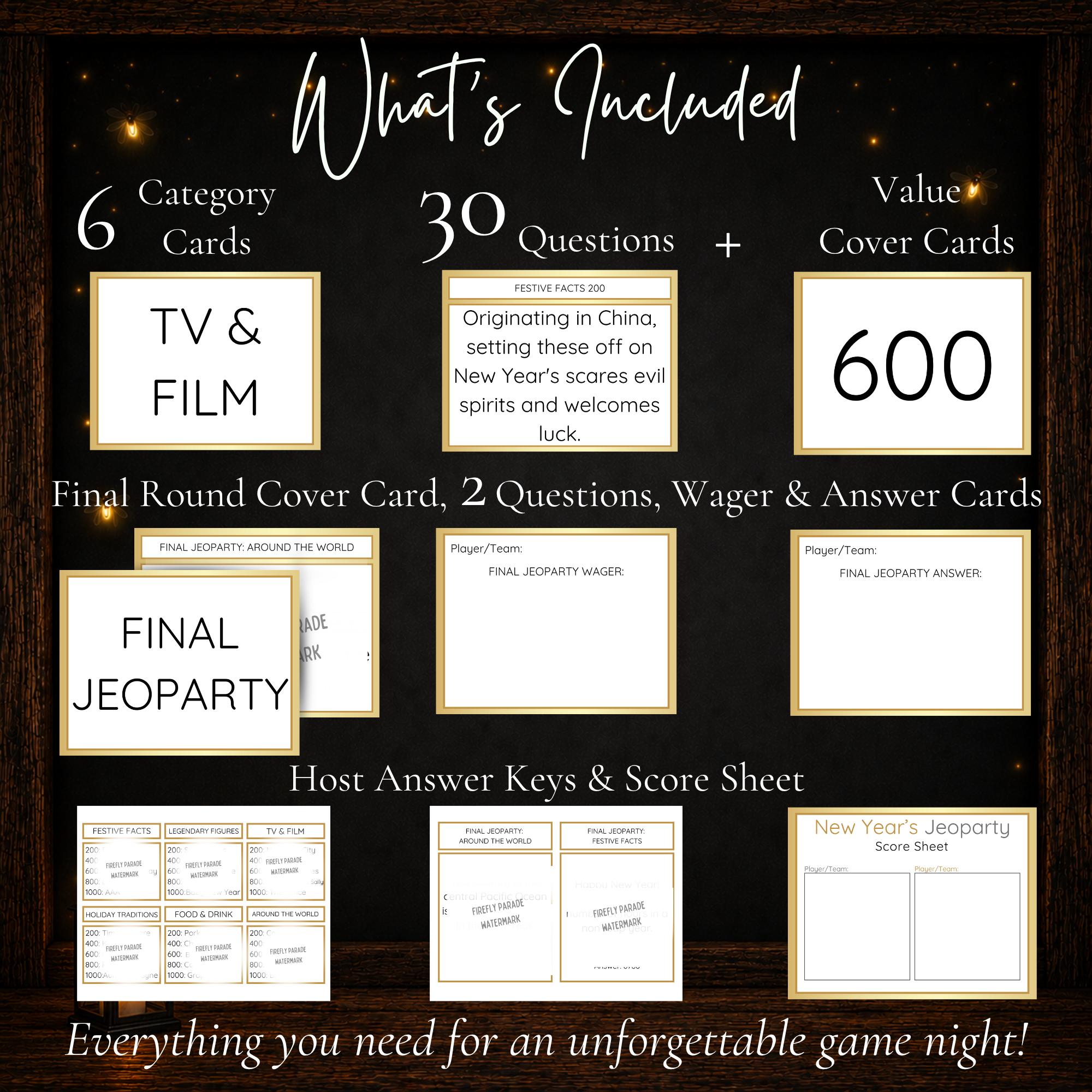 New Year’s Jeoparty printable game with 6 category cards, 30 questions, value cards, Final Jeoparty cards, answer keys and score sheet