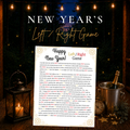 New Year’s Left Right Game printable featuring a festive New Year’s Eve gift passing story