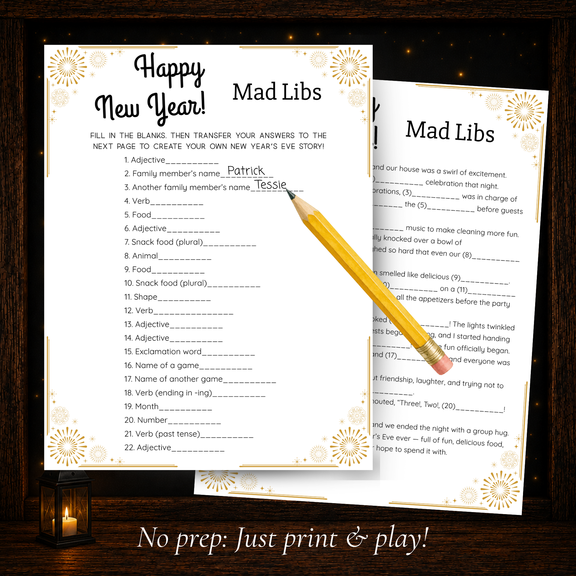 New Year’s Mad Libs printable two-page activity with 22 word prompts and a funny New Year’s Eve story