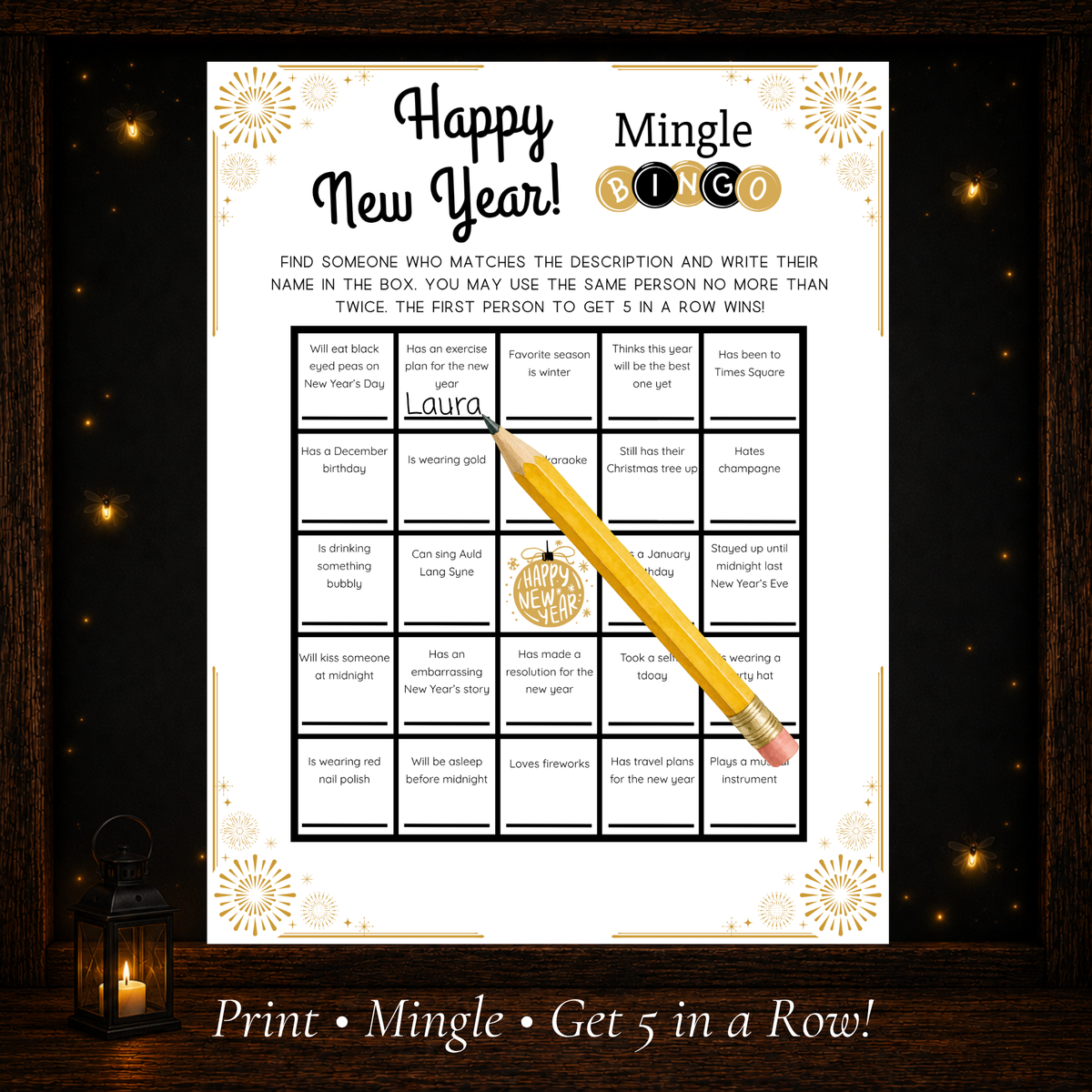 Printable New Year’s Mingle Bingo game sheet with fun prompts for guests to find people who match each description