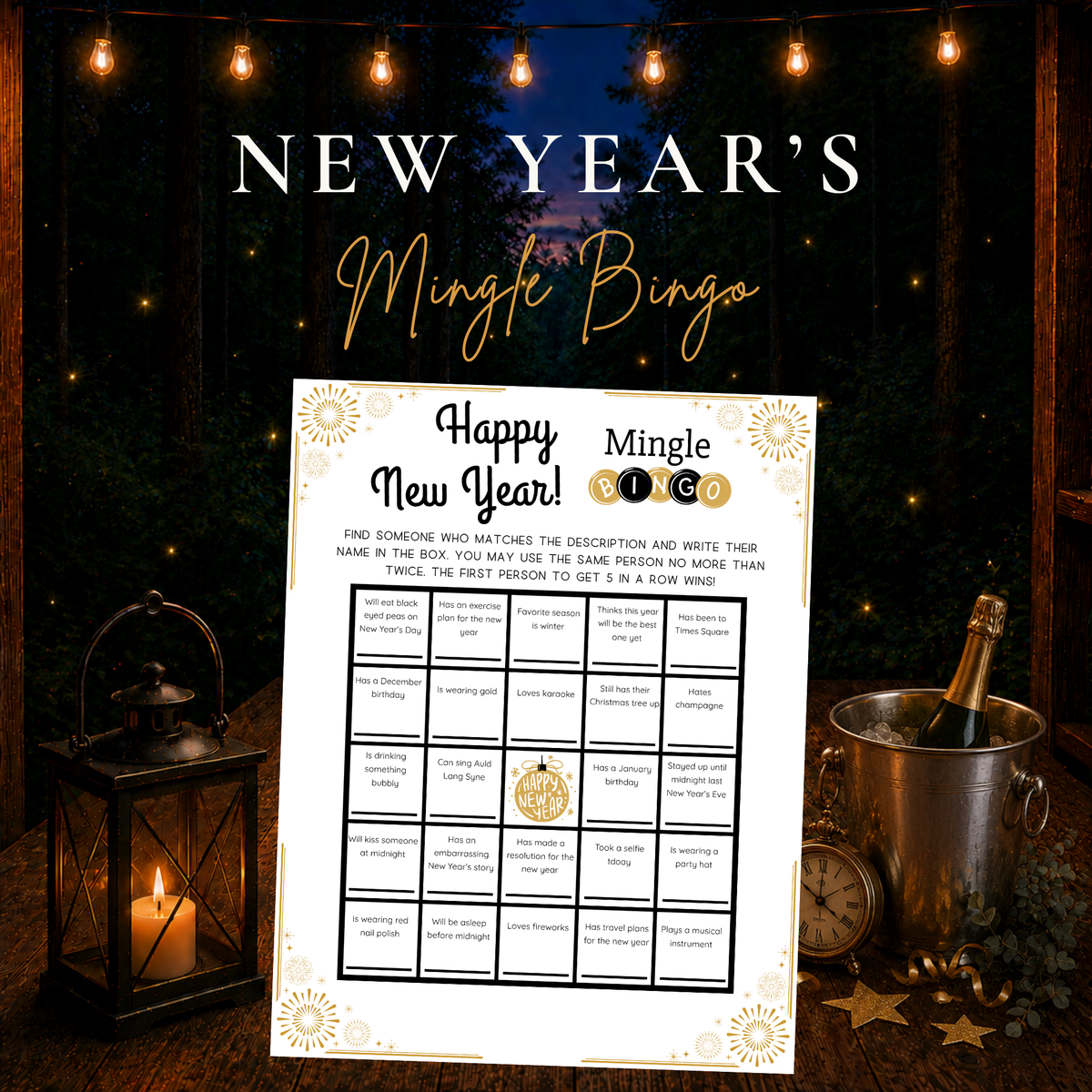 New Year’s Mingle Bingo printable party game featuring a festive New Year’s Eve mingle bingo sheet