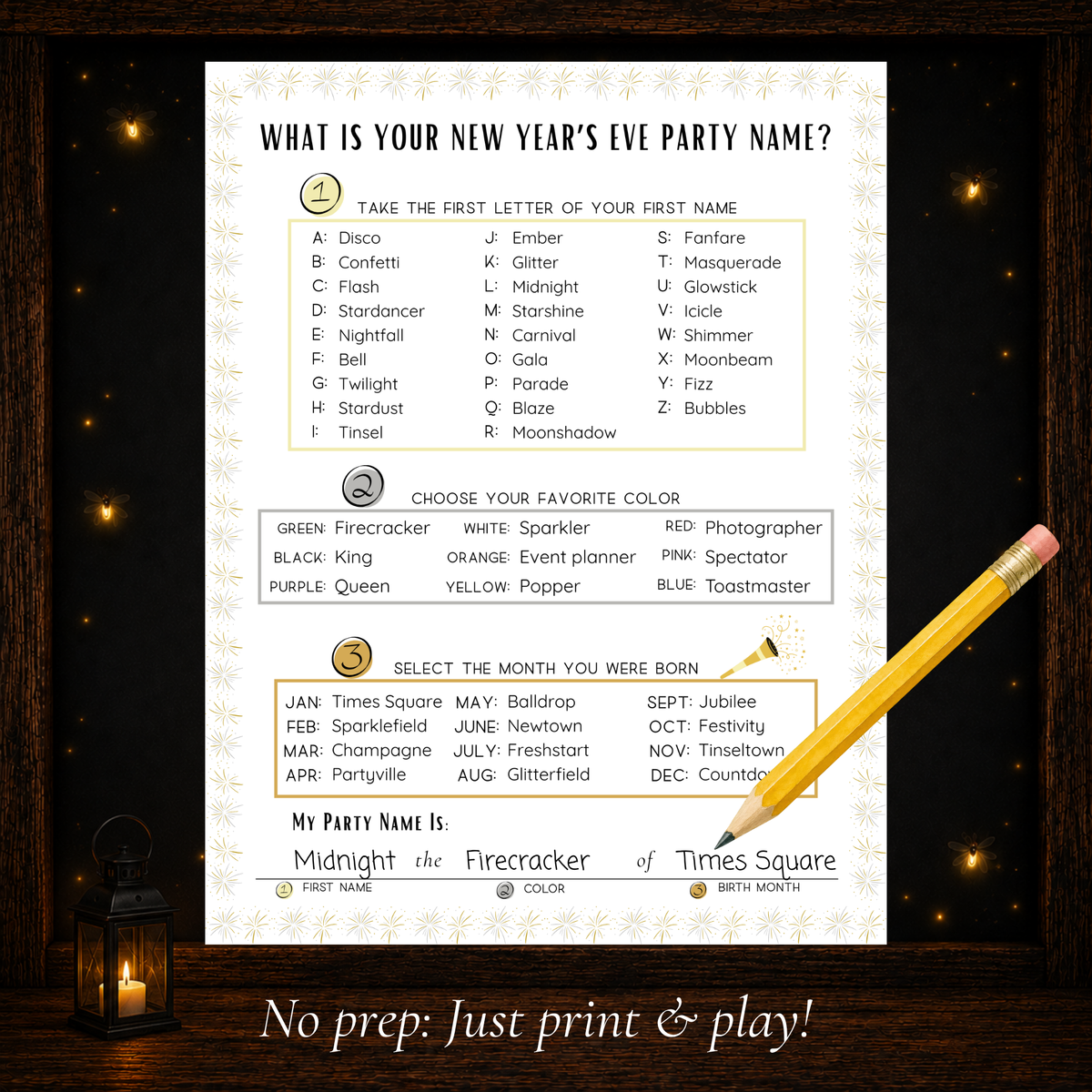 New Year’s Eve Party Name game example showing how players create a funny personalized NYE party name