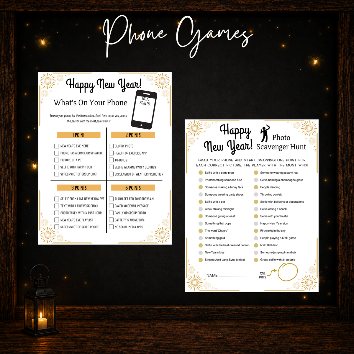 New Year’s printable phone games including What’s On Your Phone and Photo Scavenger Hunt