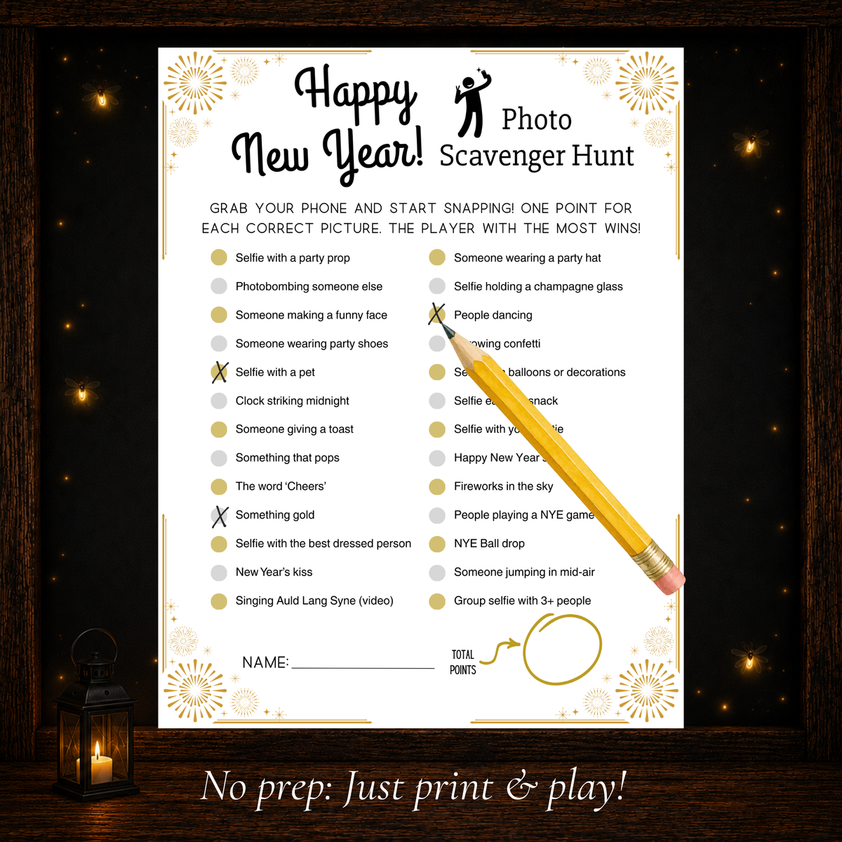 Printable New Year’s Photo Scavenger Hunt game sheet with party photo challenges for families and groups