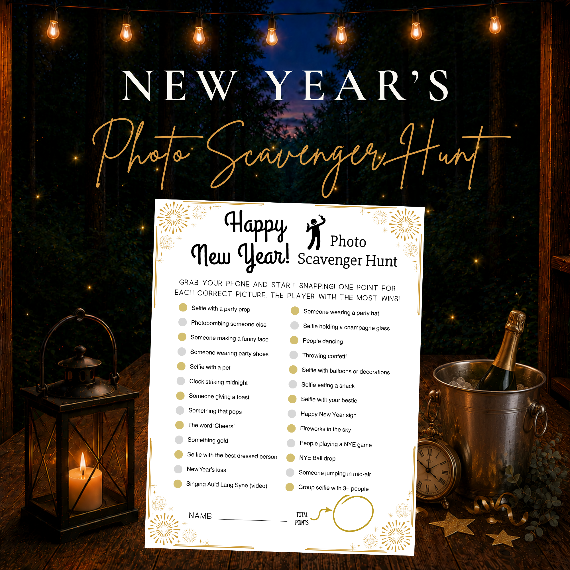 New Year’s Photo Scavenger Hunt printable party game with 24 fun photo challenges for a New Year’s Eve celebration