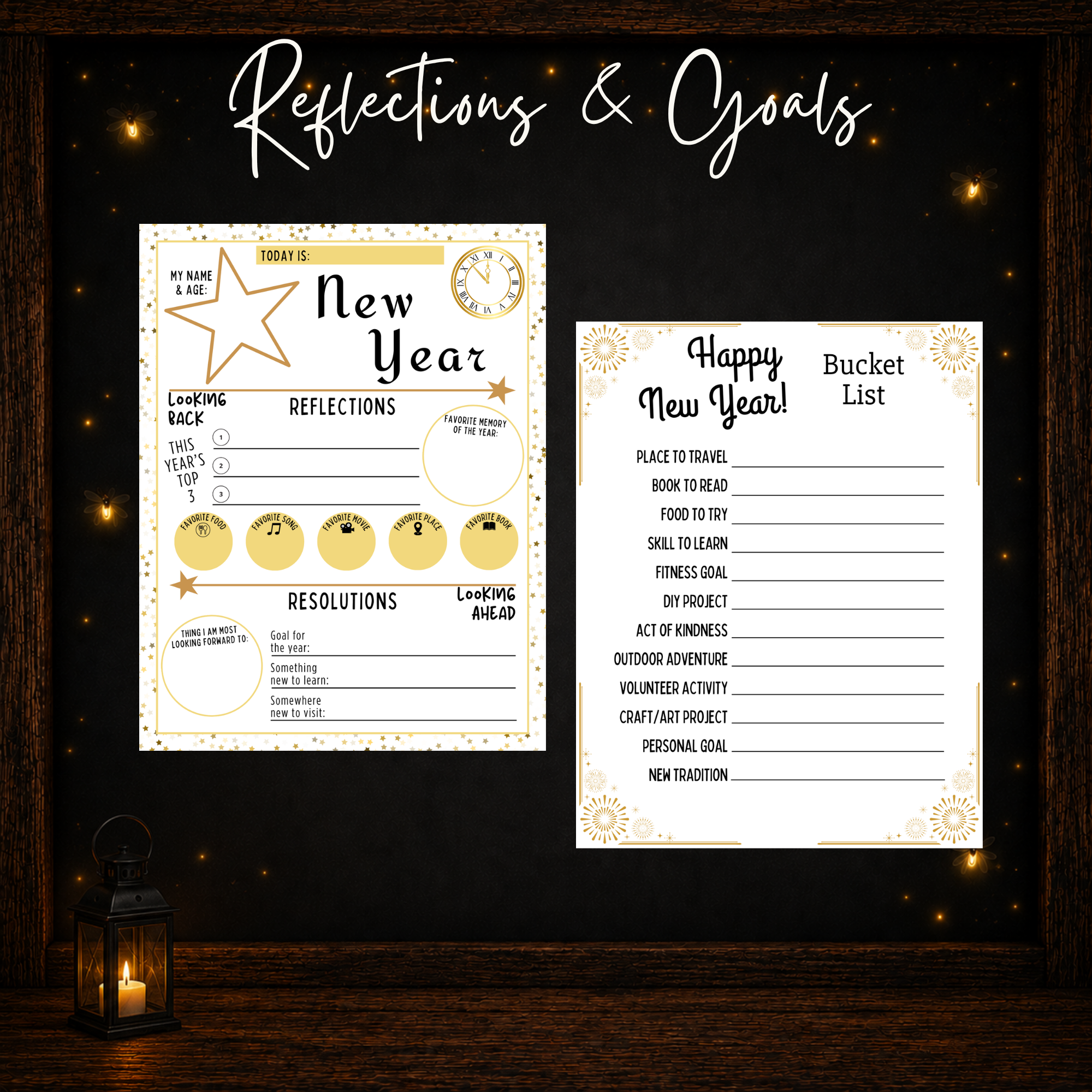 New Year’s printable reflections and goals activities with Reflections and Resolutions worksheet and Bucket List