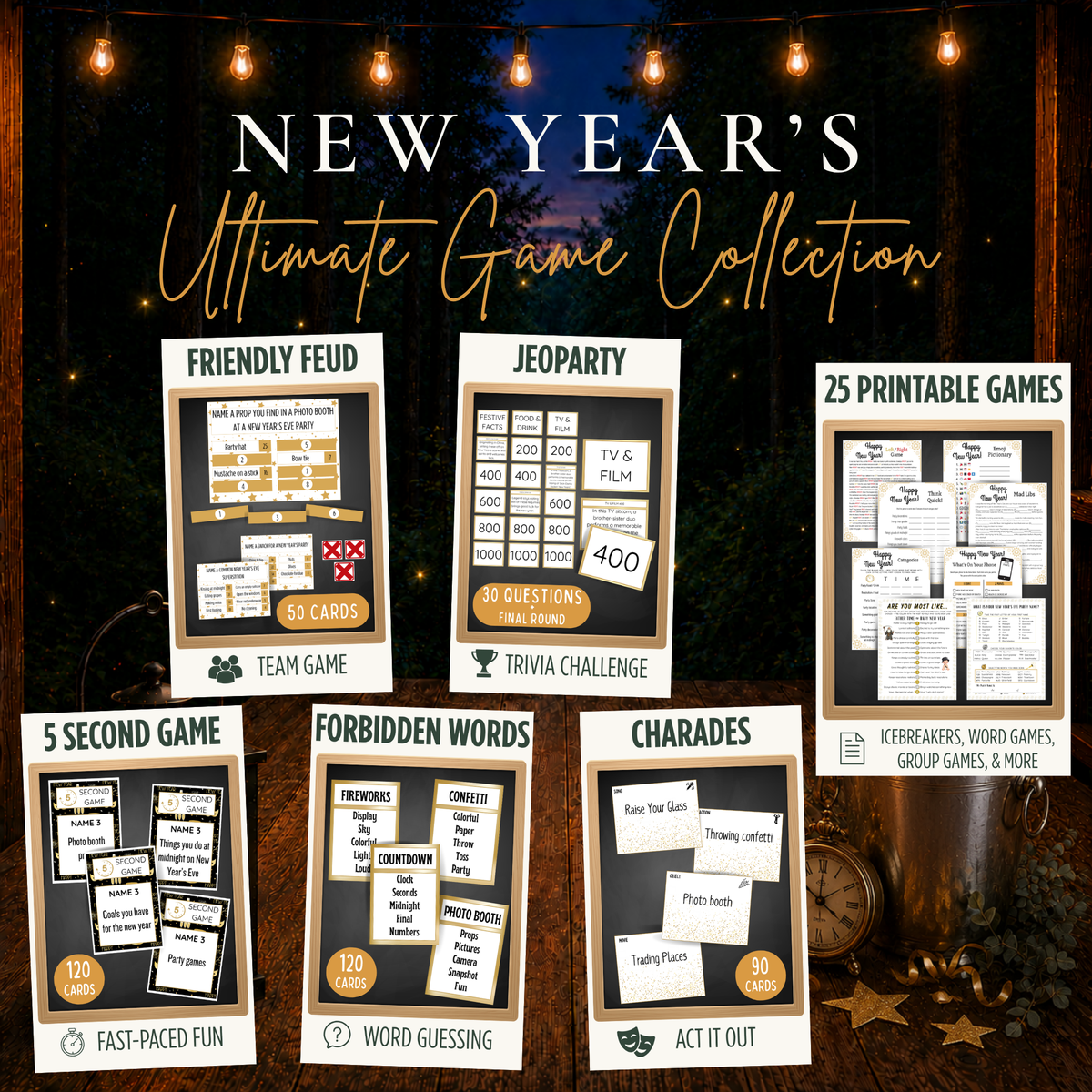New Year’s Ultimate Game Collection with 30 printable party games including Friendly Feud, Jeoparty, 5 Second Game, Forbidden Words, Charades and 25 printable games