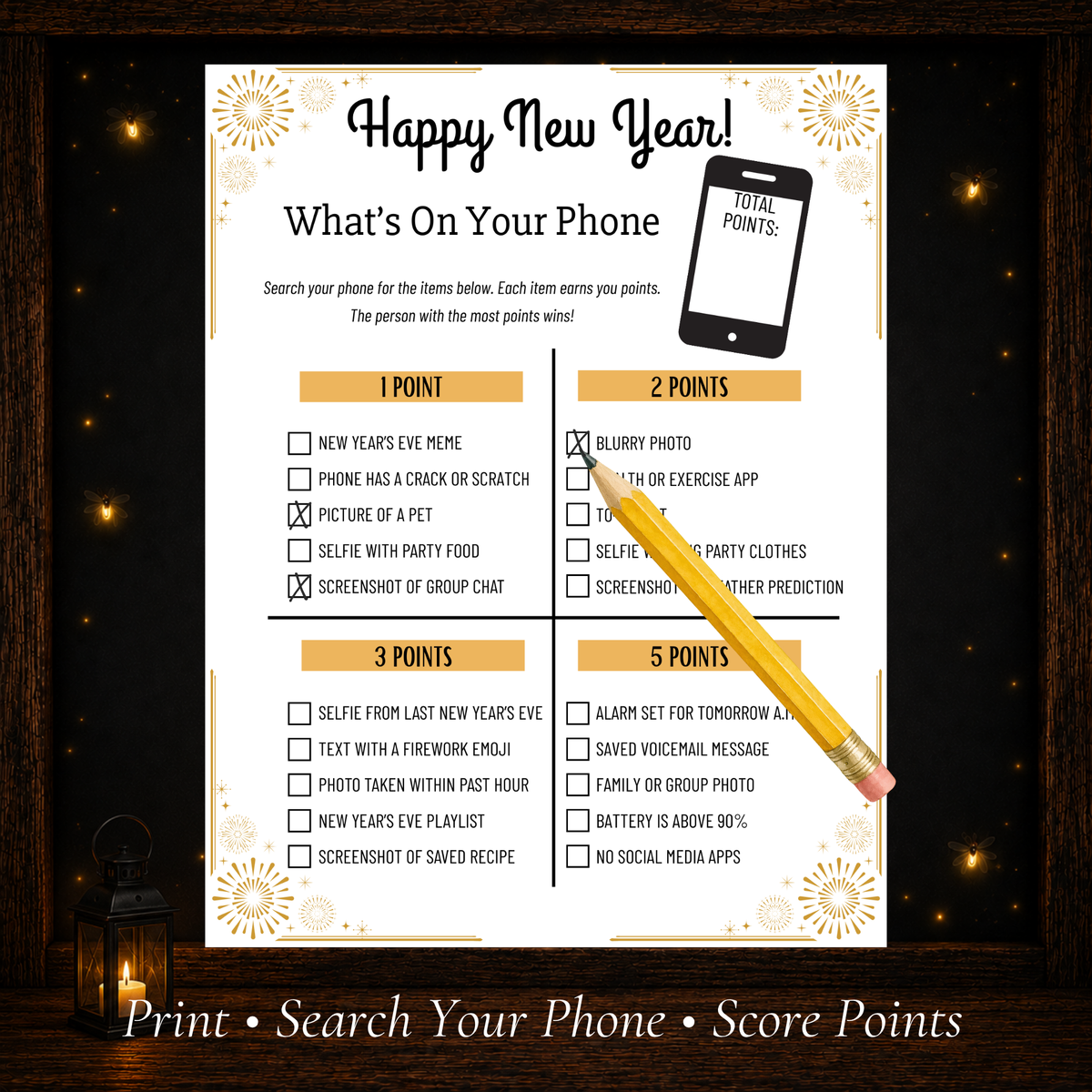 Printable New Year’s What’s On Your Phone party game with 20 phone search prompts worth one two three and five points