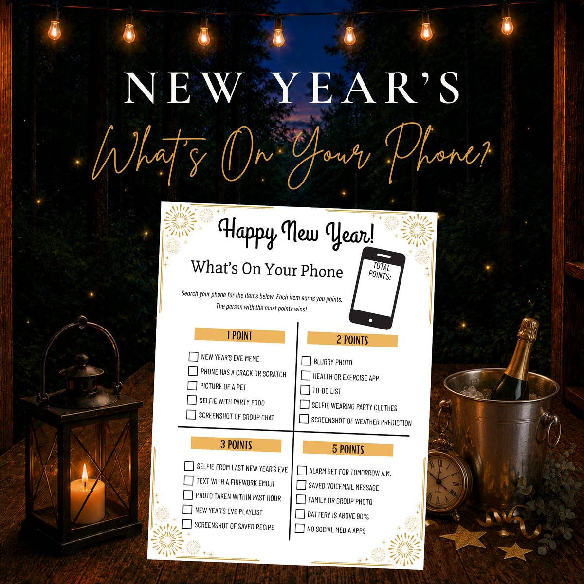 New Year’s What’s On Your Phone printable game for New Year’s Eve parties with fun phone search prompts and point values
