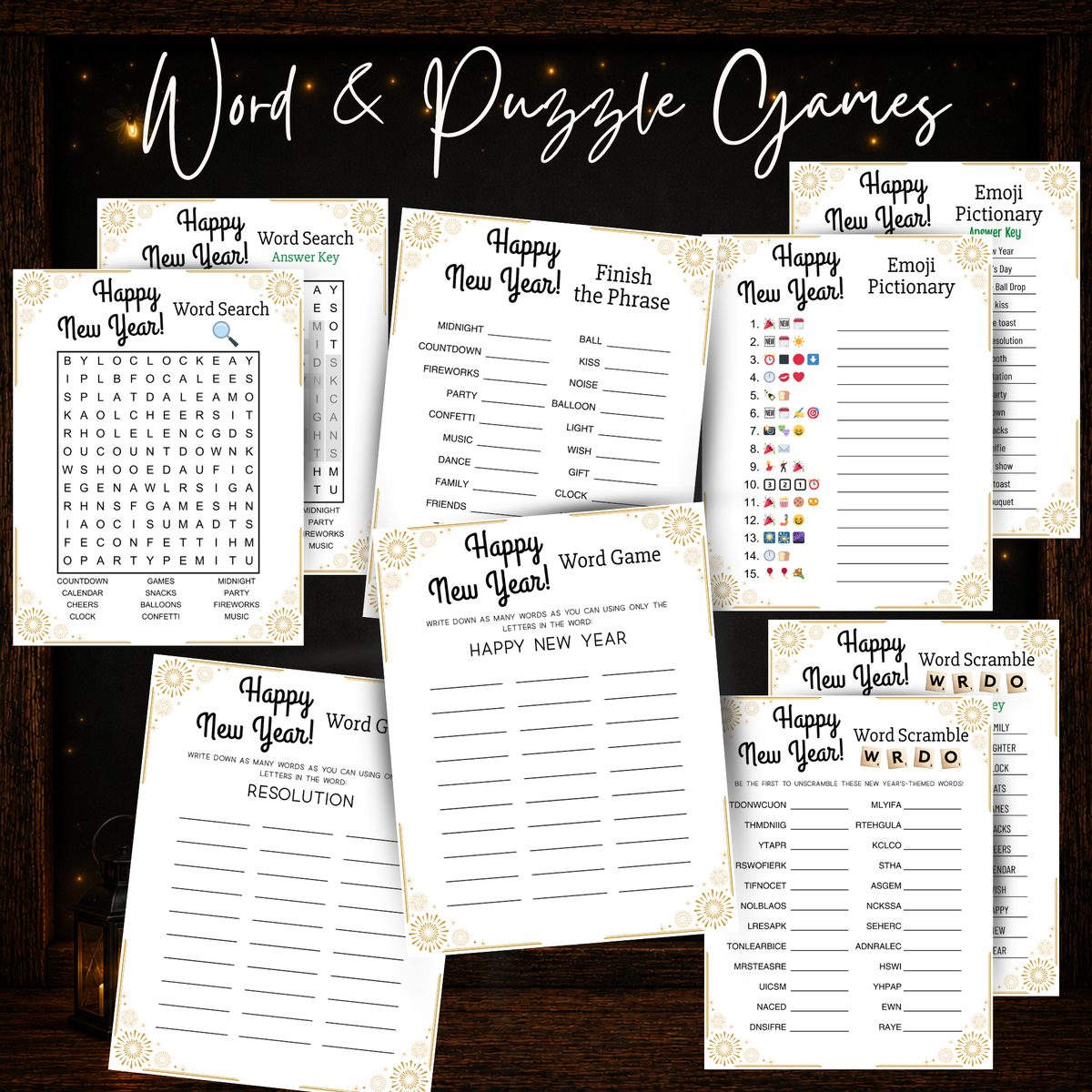 New Year’s printable word and puzzle games including Word Search Word Scramble Emoji Pictionary and Finish the Phrase