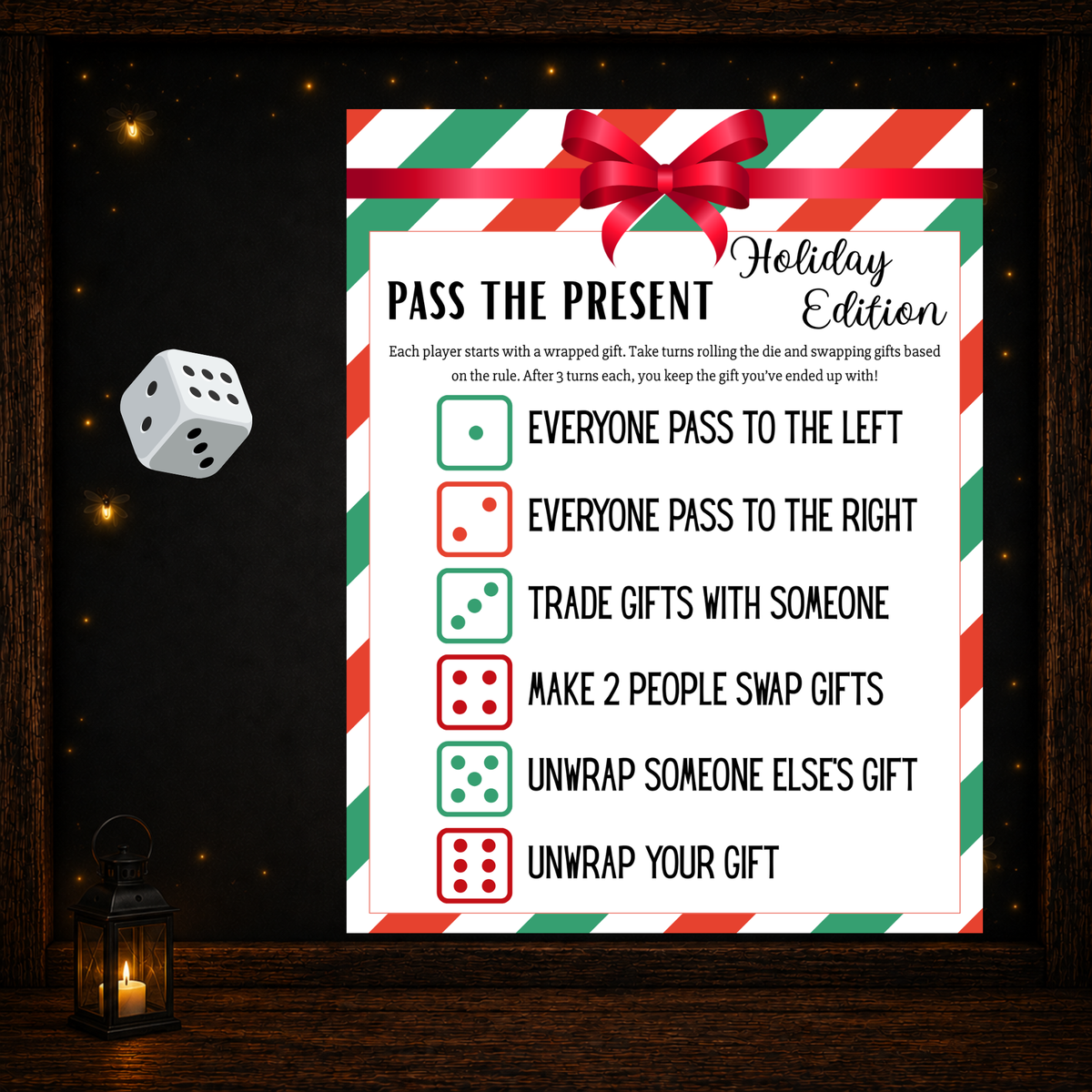 Printable Pass the Present Christmas gift exchange dice game with six gift swapping actions