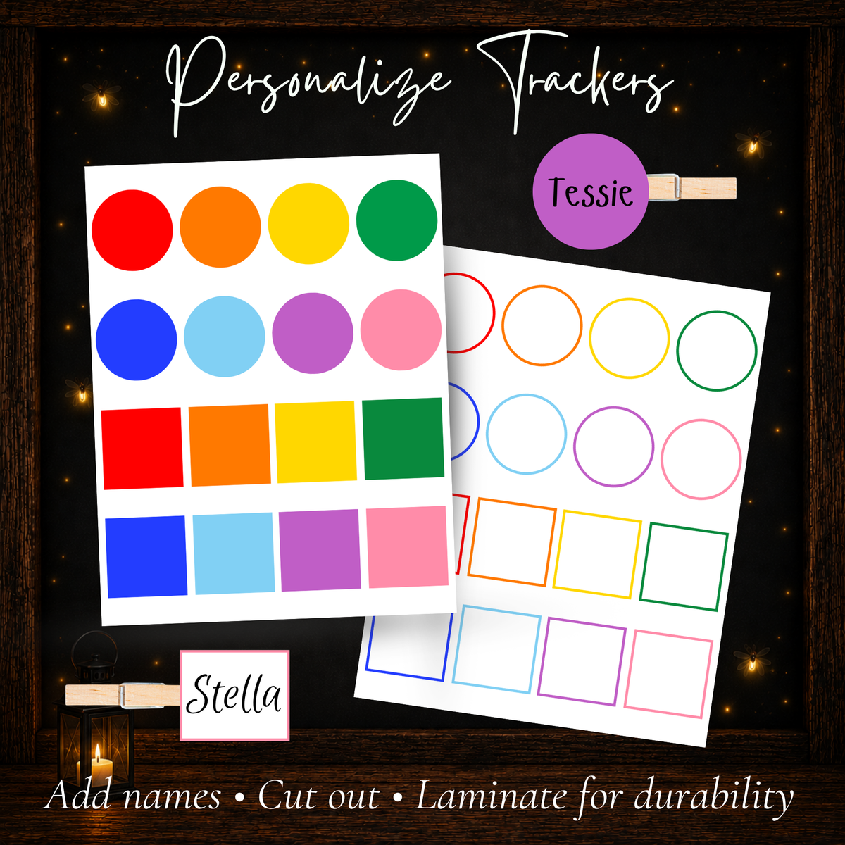 Colorful printable circle and square behavior trackers that can be personalized with children's names