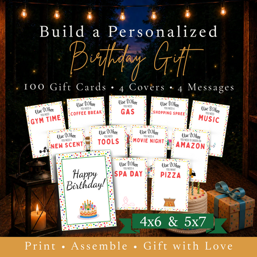 Personalized birthday gift card book printable with 100 gift card ideas, 4 covers, 4 messages and 4x6 and 5x7 sizes