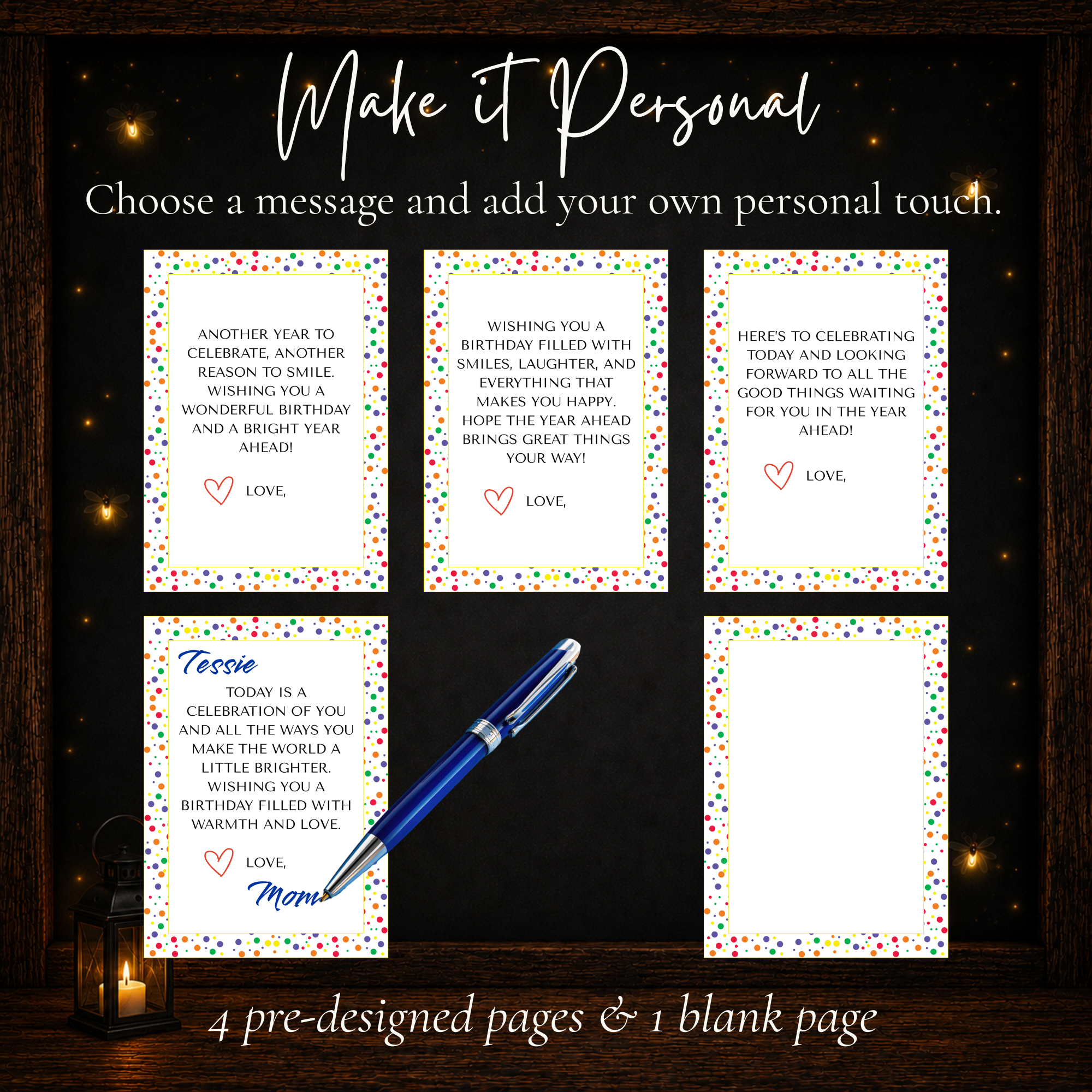 Printable birthday gift card book with four pre-designed birthday messages and one blank page for a personal note