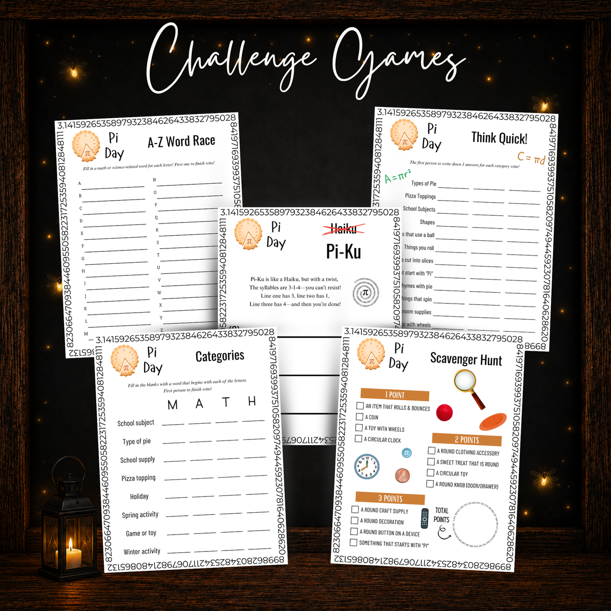 Pi Day challenge games including A-Z Word Race, Think Quick, Categories, Pi-Ku and Scavenger Hunt