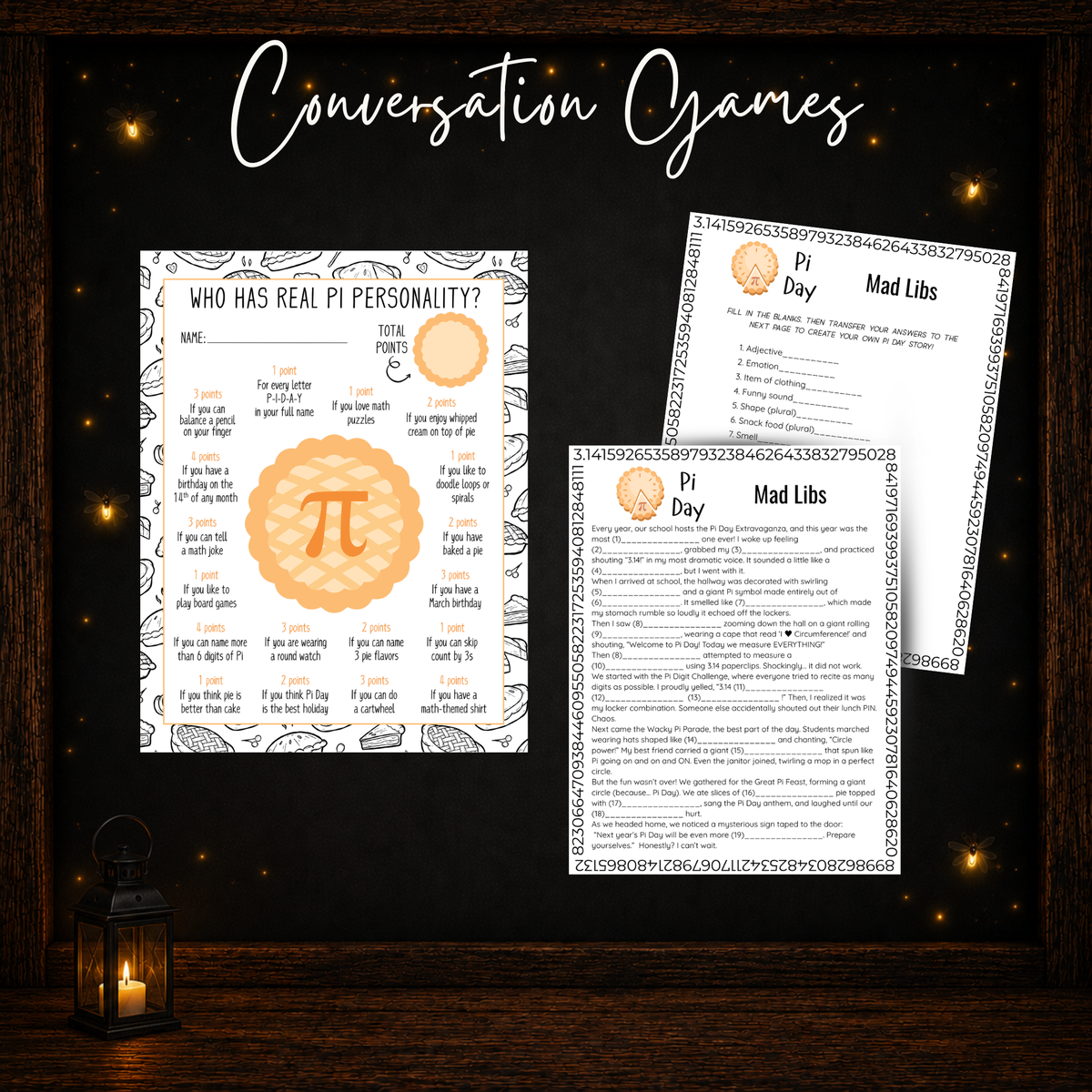 Pi Day conversation games including Who Has Real Pi Personality and Pi Day Mad Libs
