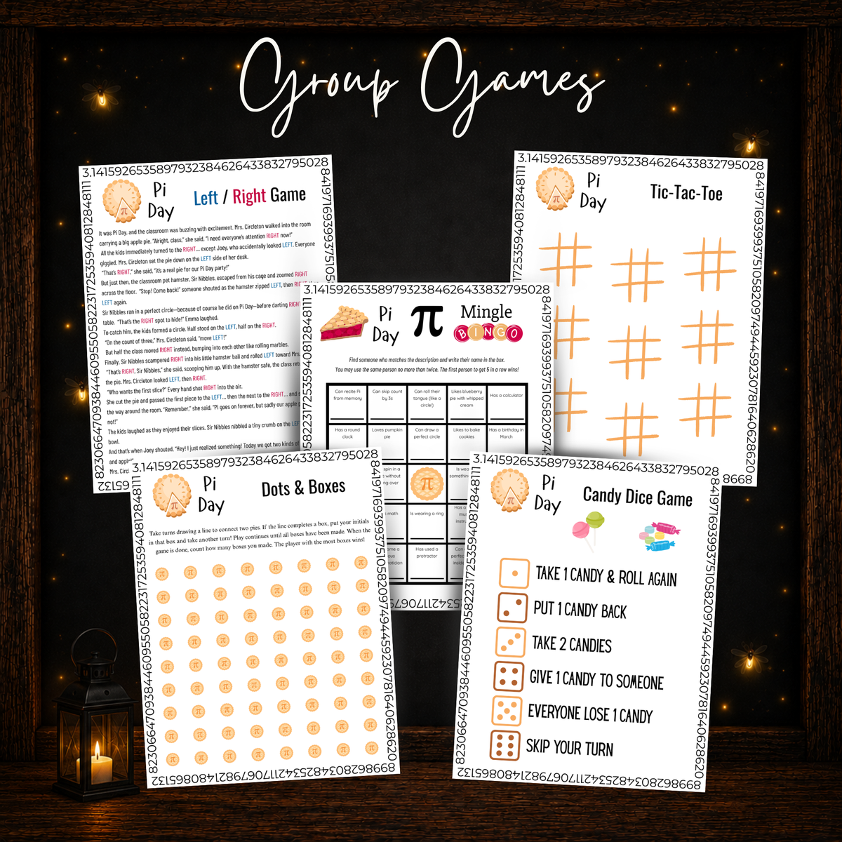 Pi Day group games including Left Right Game, Mingle Bingo, Tic-Tac-Toe, Dots and Boxes and Candy Dice Game