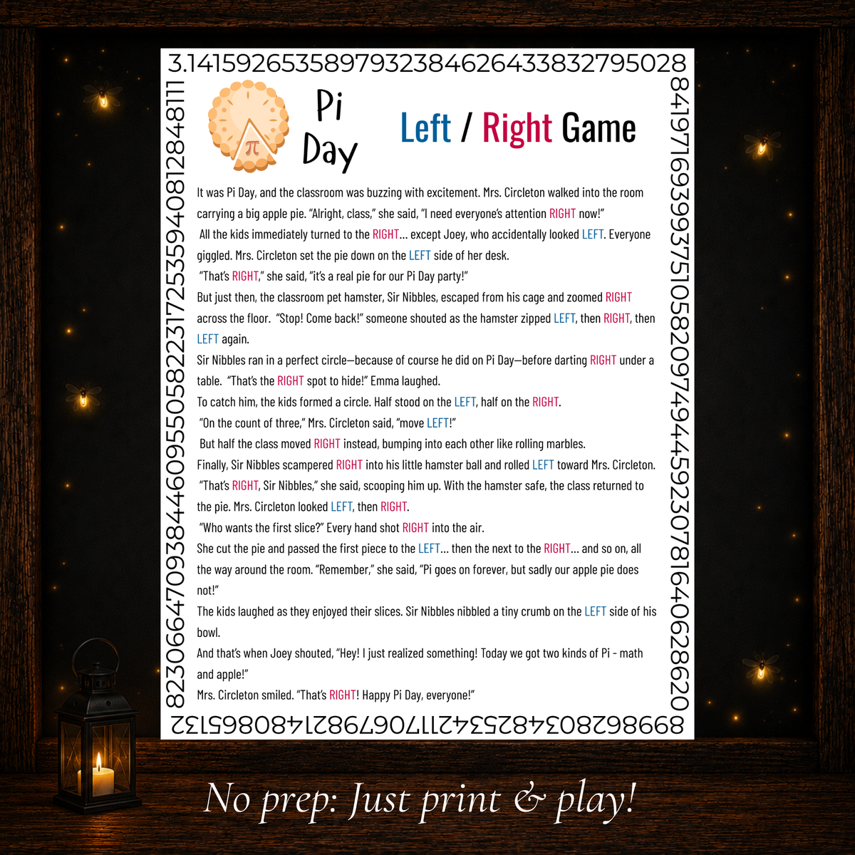 Pi Day Left Right printable story game with left and right passing cues for classroom and group play