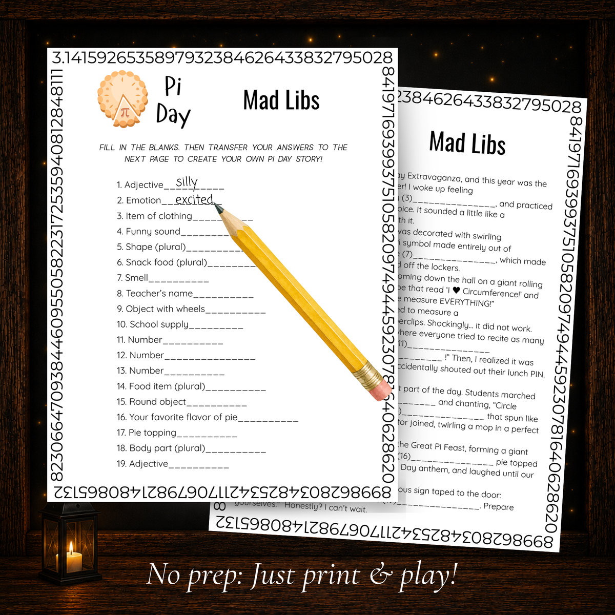 Pi Day Mad Libs two-page printable with 19 word prompts and funny Pi Day story