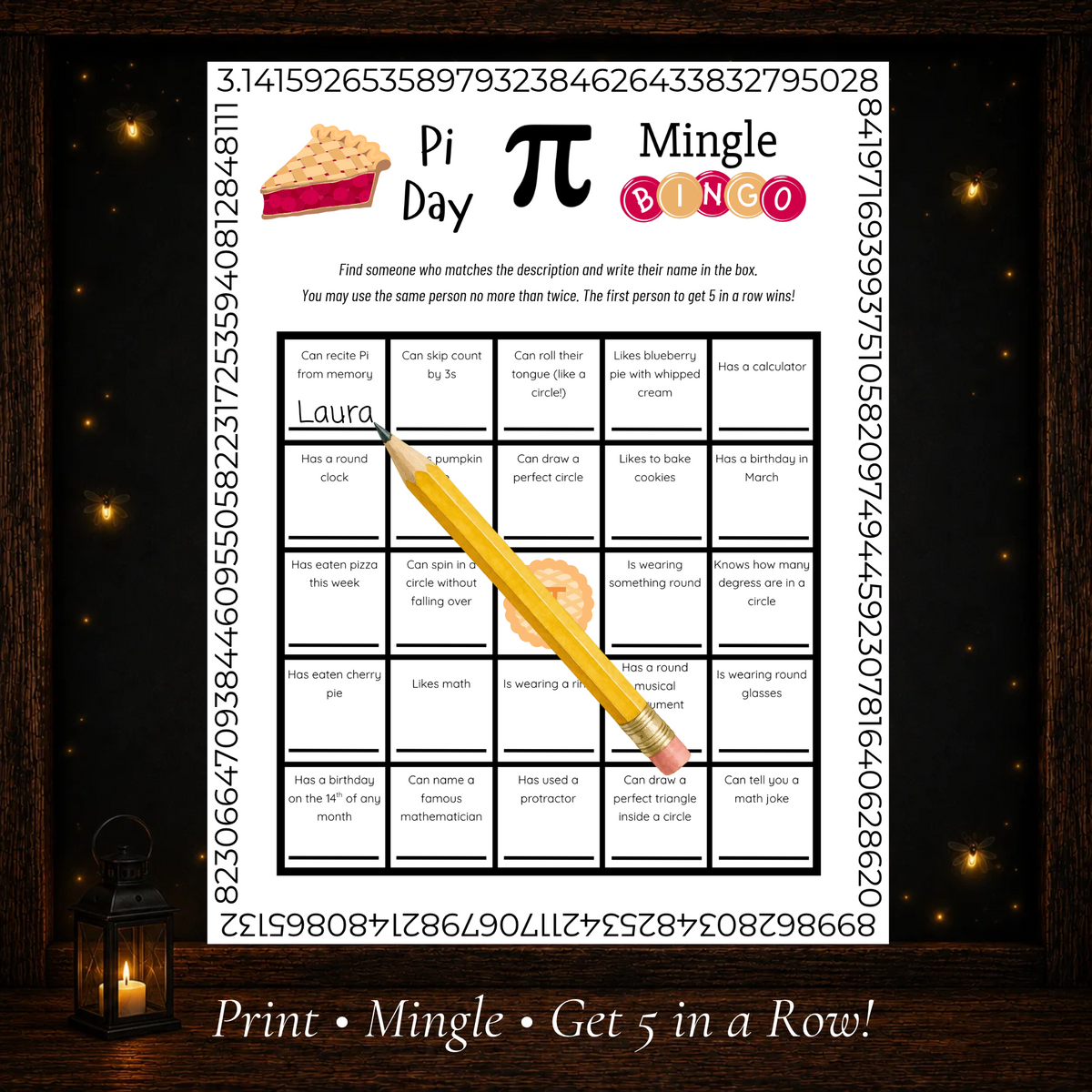 Pi Day Mingle Bingo printable game example showing players writing names in matching bingo spaces