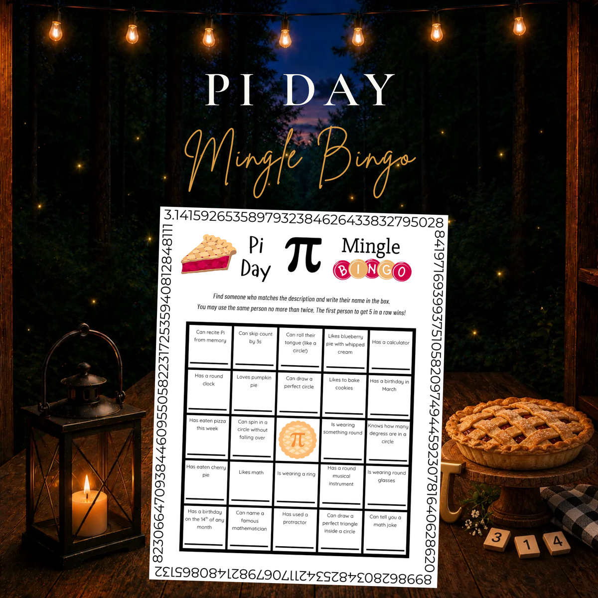 Pi Day Mingle Bingo printable classroom game featuring a math-themed bingo activity for Pi Day celebrations