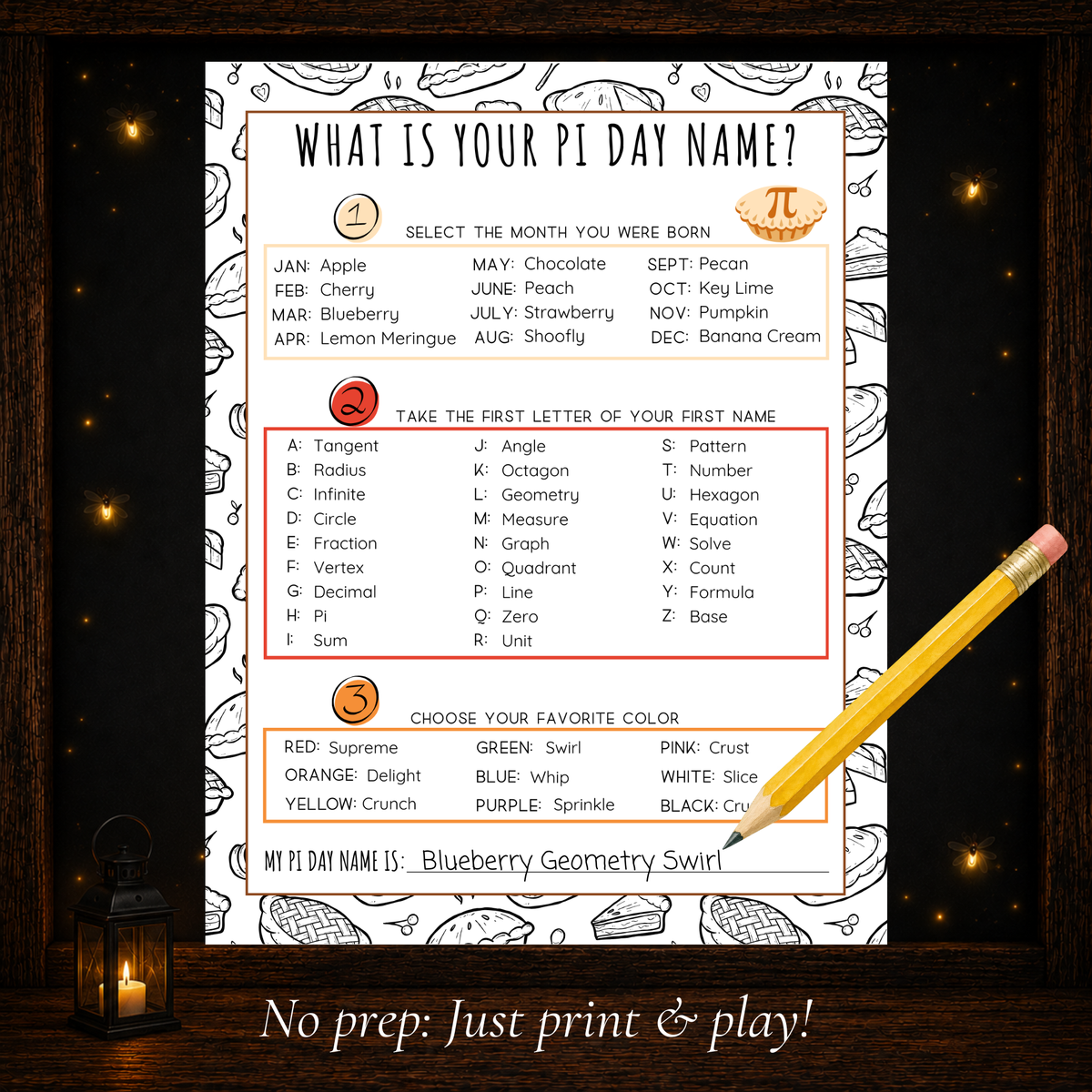 Pi Day name game printable showing a completed Blueberry Geometry Swirl example