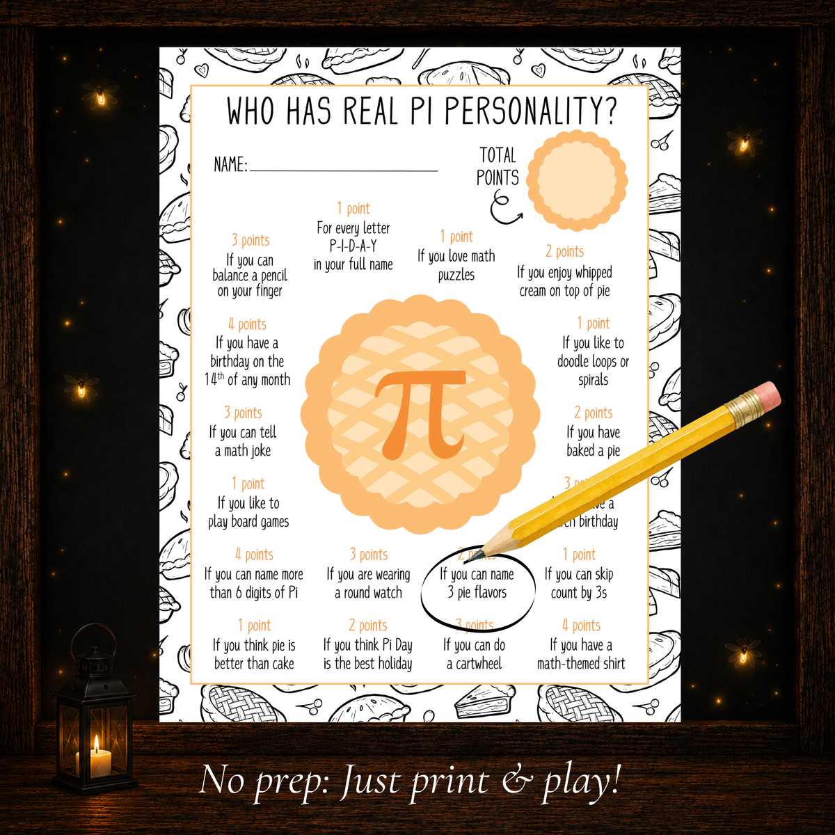 Who Has Real Pi Personality printable game with fun point-based Pi Day and math prompts