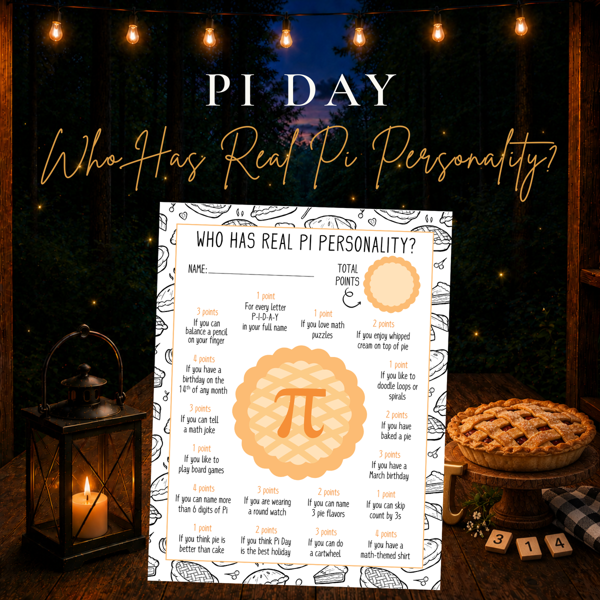 Pi Day personality printable game for classroom math activities and March 14 celebrations