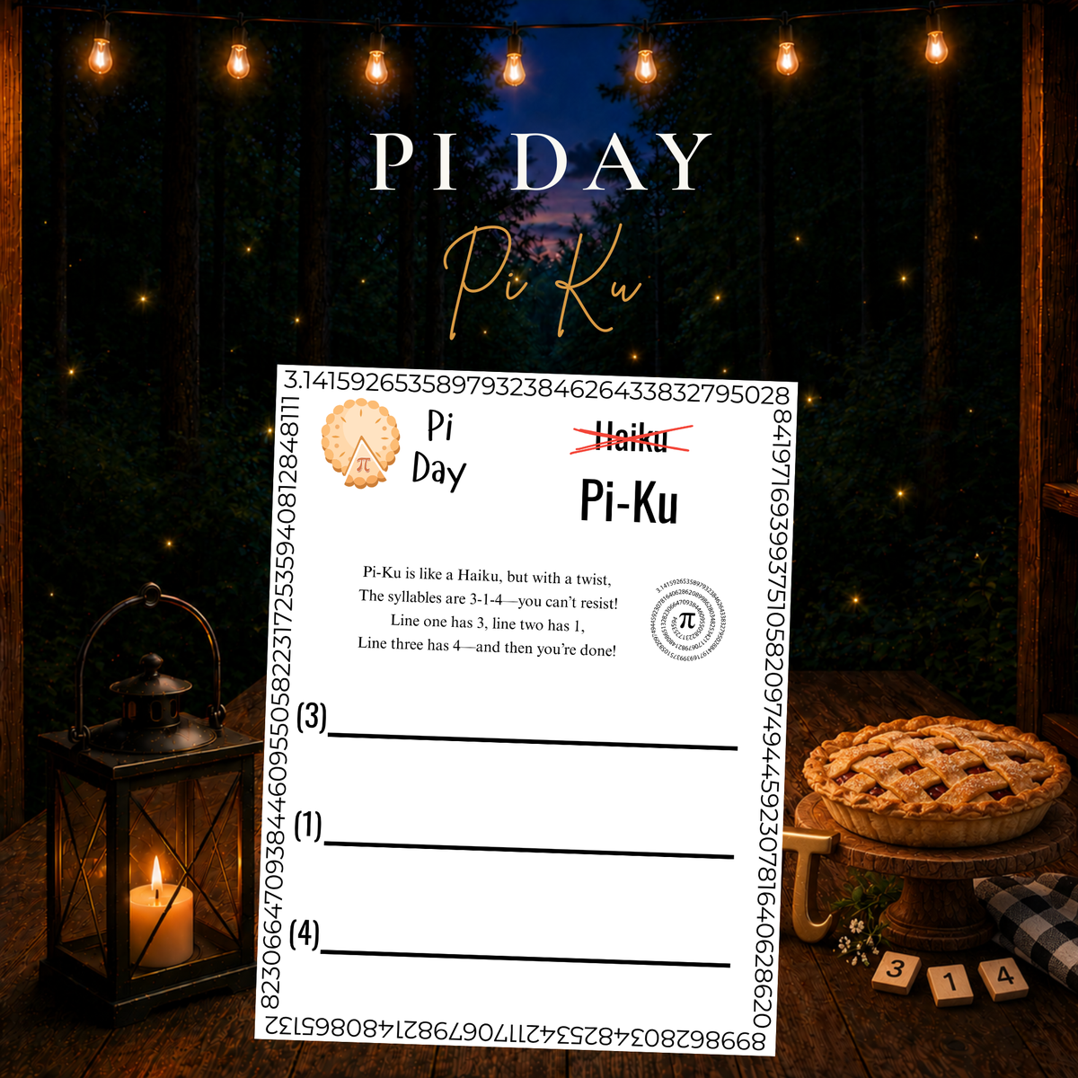 Pi Day Pi-Ku printable 3-1-4 syllable poetry activity for students
