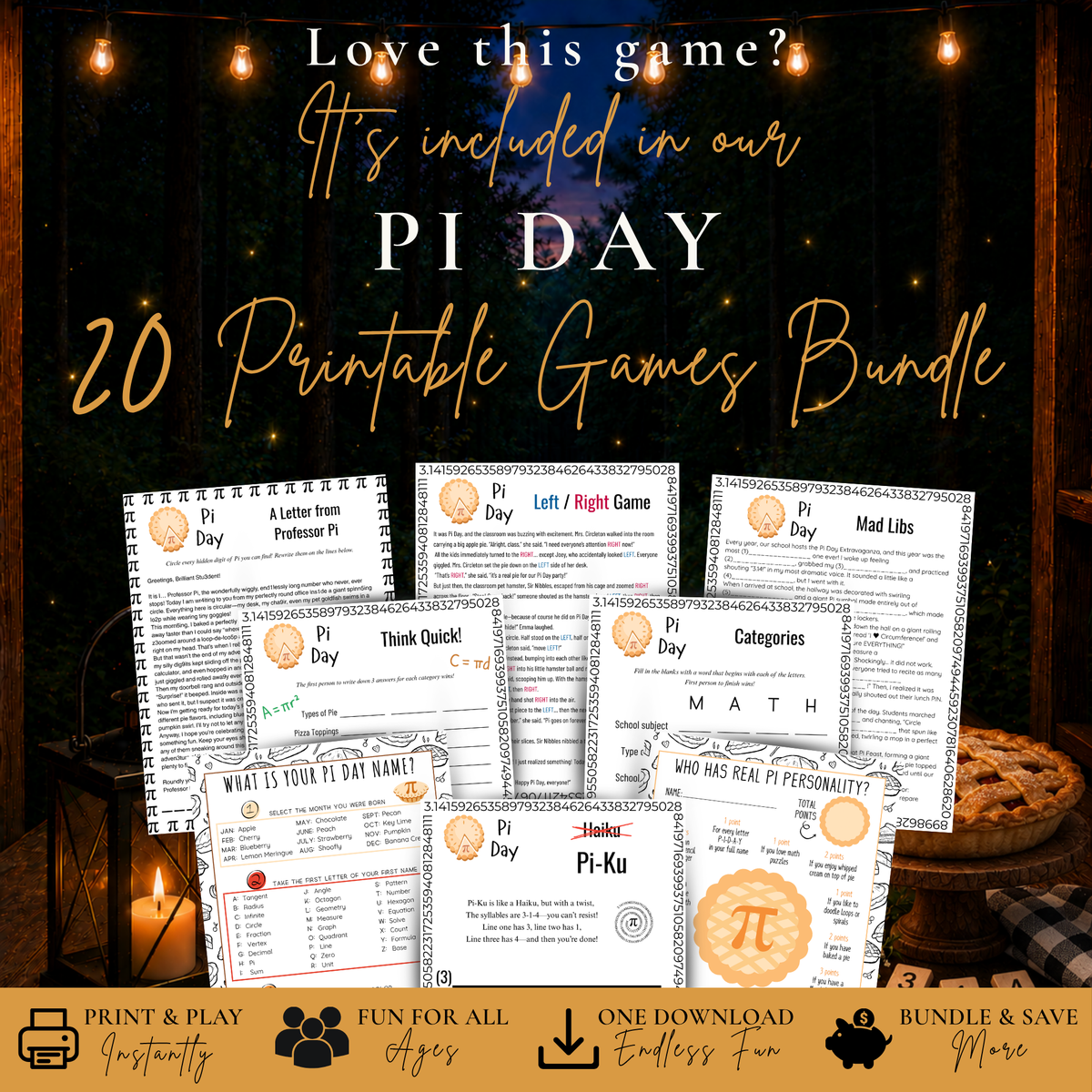 Pi Day 20 printable games bundle featuring Mad Libs and other classroom math party activities