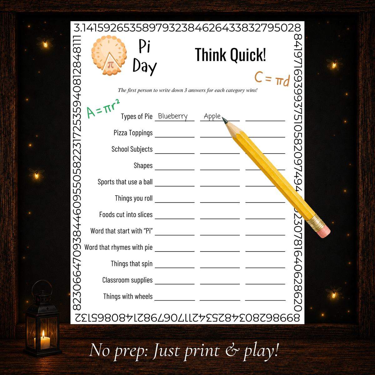 Pi Day Think Quick game example with players writing three answers for each category