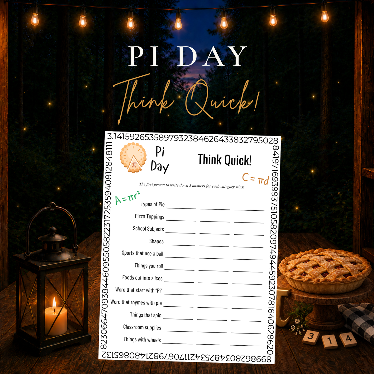Pi Day Think Quick printable game for classroom math activities and March 14 celebrations
