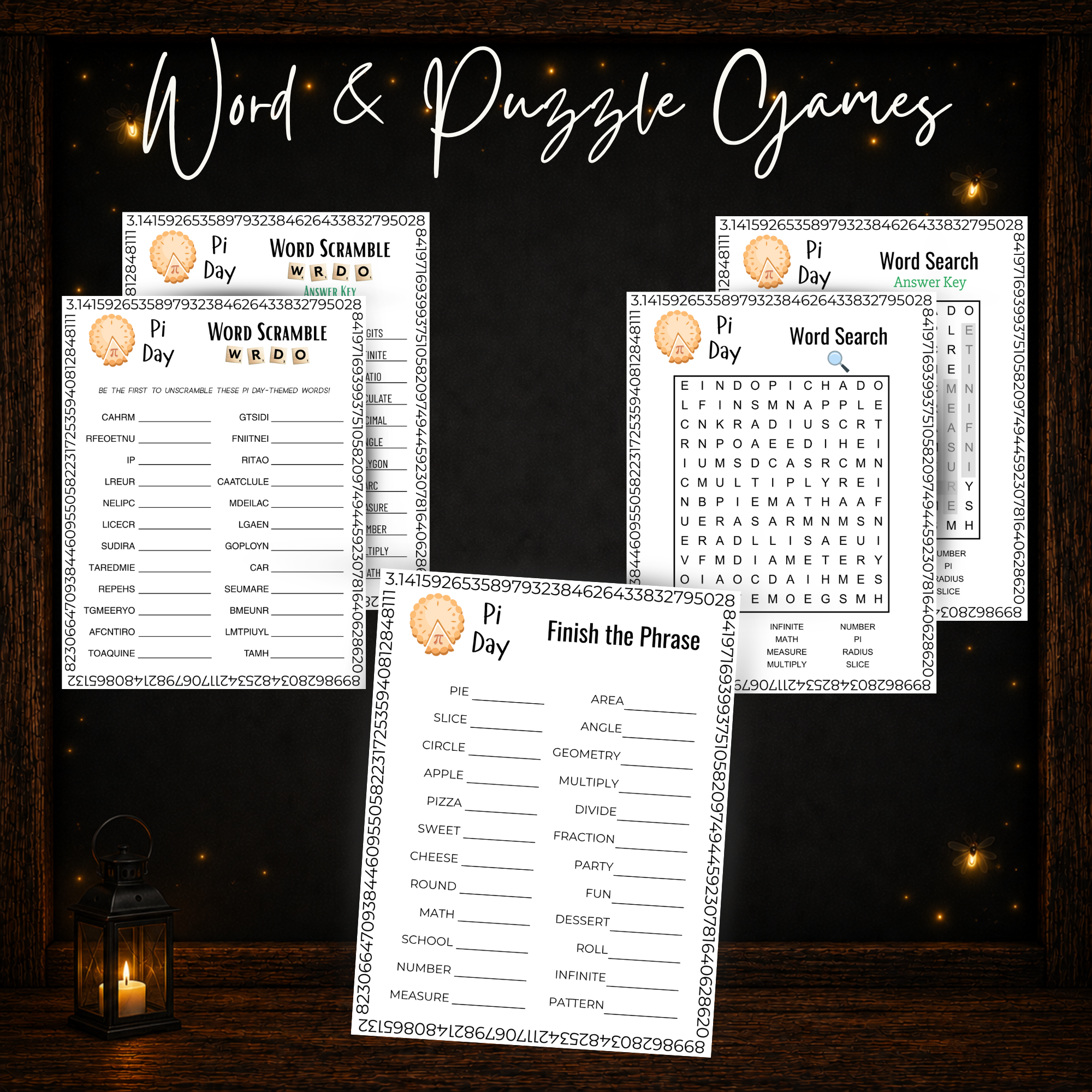 Pi Day word and puzzle games including Word Scramble, Word Search and Finish the Phrase