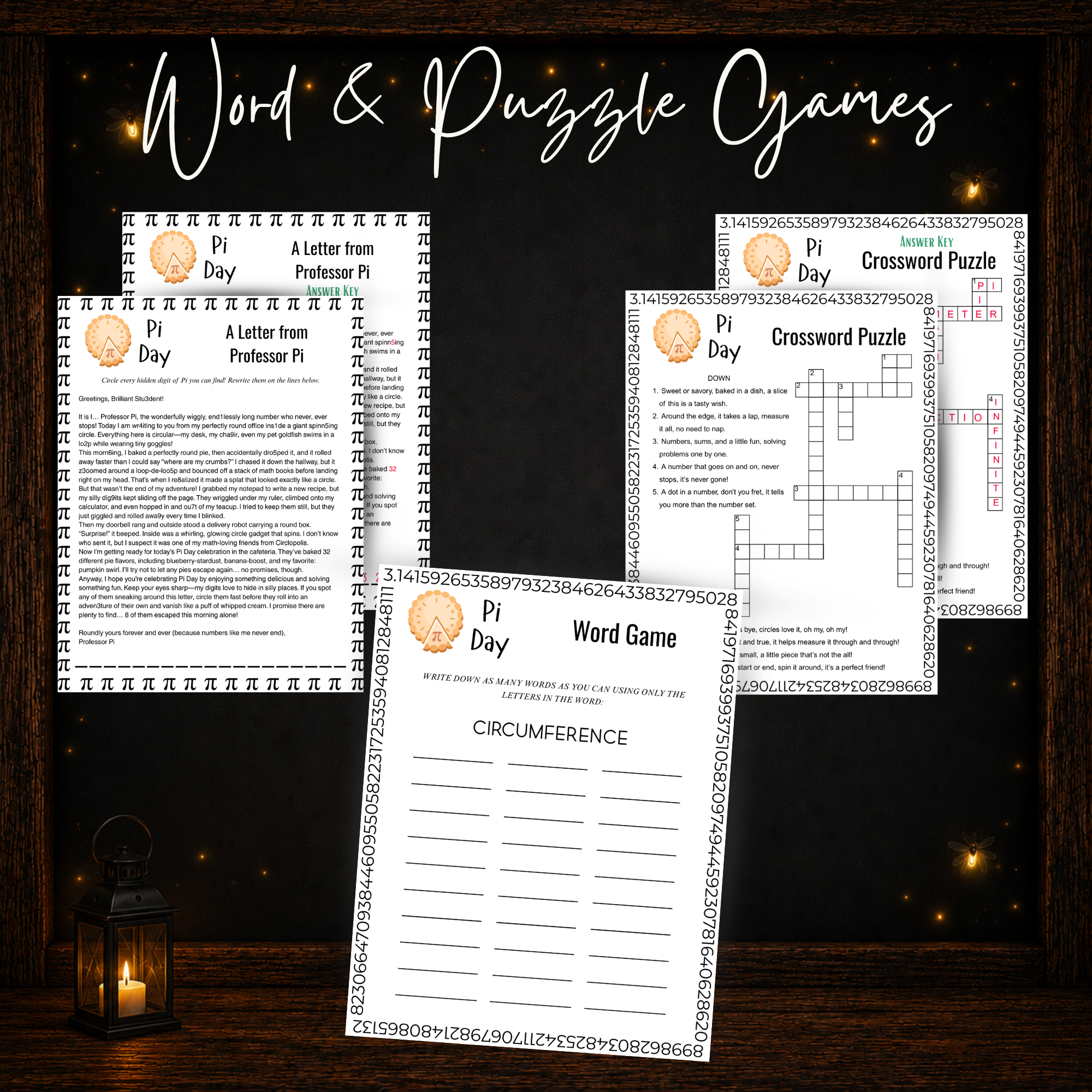 Pi Day word and puzzle games including A Letter from Professor Pi, Word Game and Crossword Puzzle