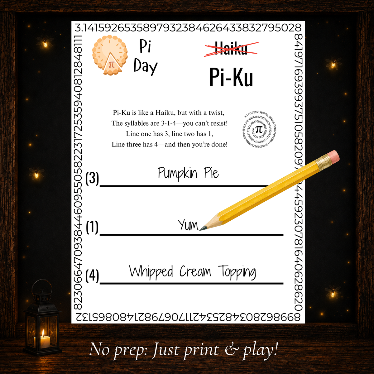 Pi-Ku 3-1-4 syllable poem example for a printable Pi Day classroom activity