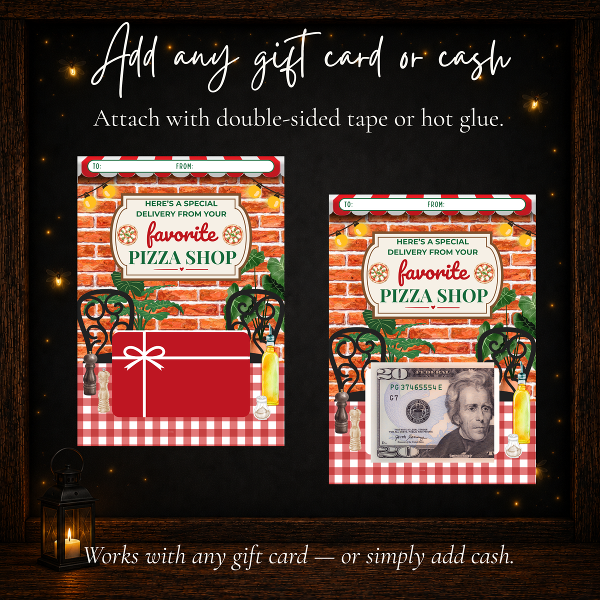 Printable pizza gift card holder shown with gift card and cash options for a pizza lover gift