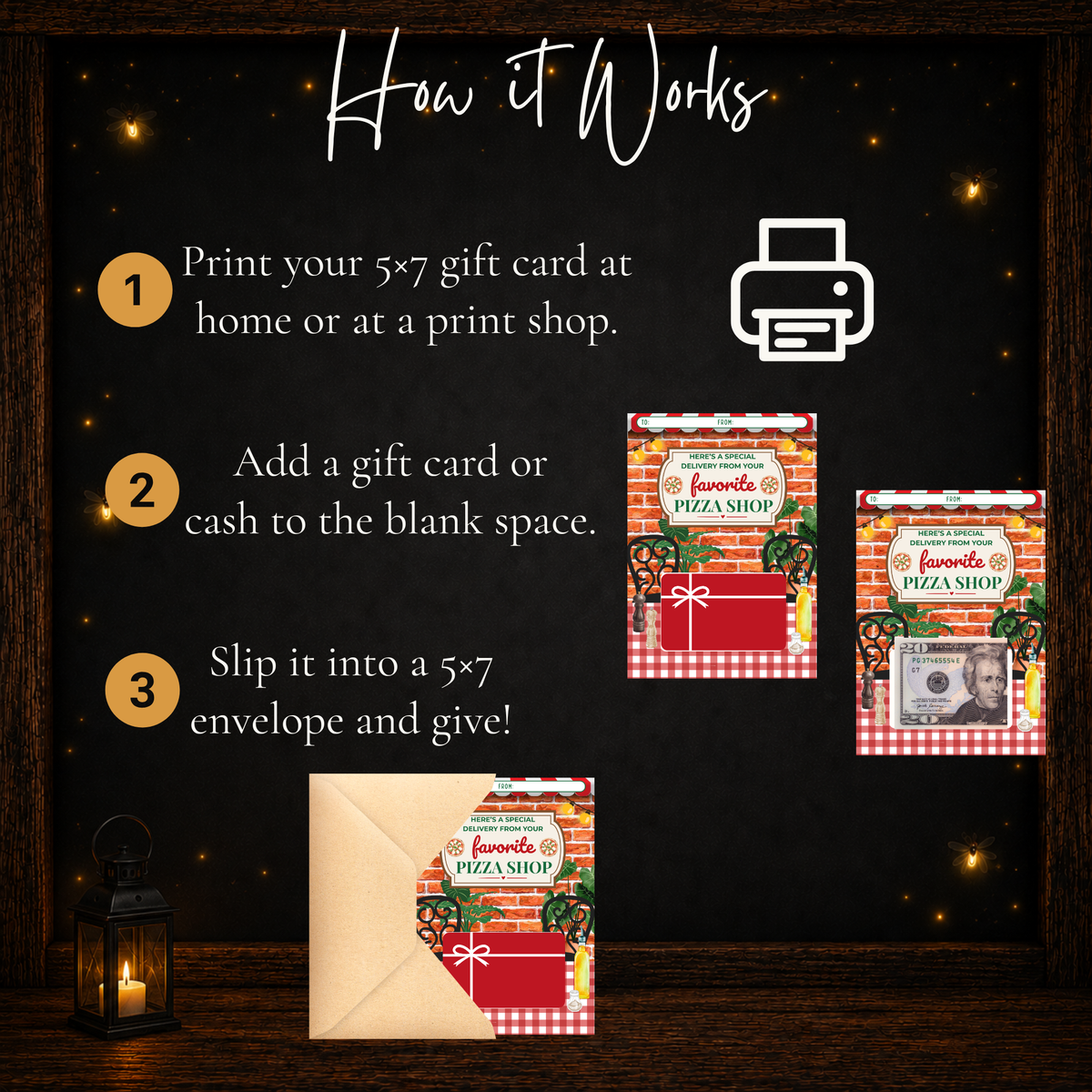 How to use printable pizza gift card holder by printing, adding a gift card or cash, and placing it in a 5x7 envelope